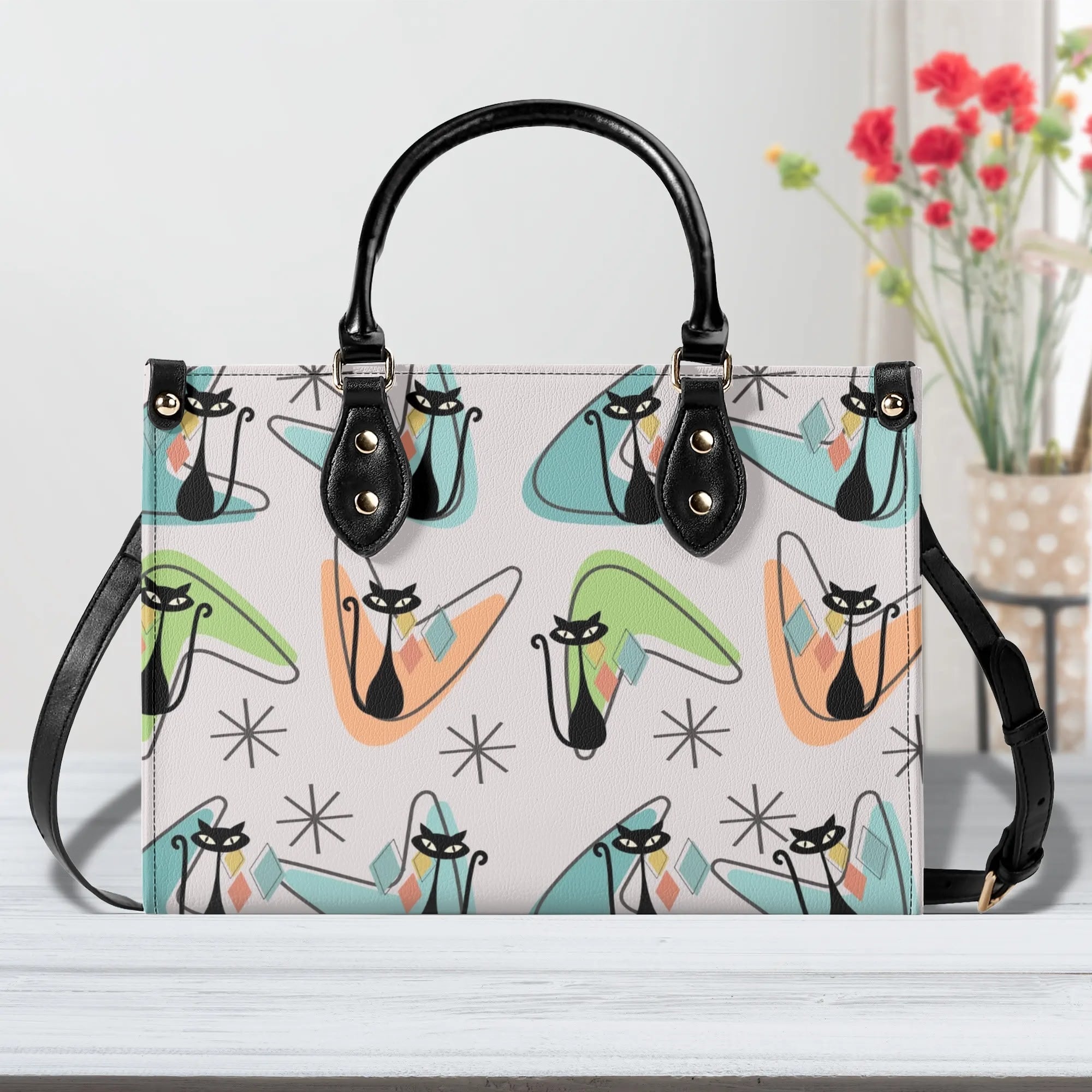 Atomic Cat Kitschy Handbag Reversible Mid Century Mod Handbag, Shoulder Bag - Mid Century Modern Gal