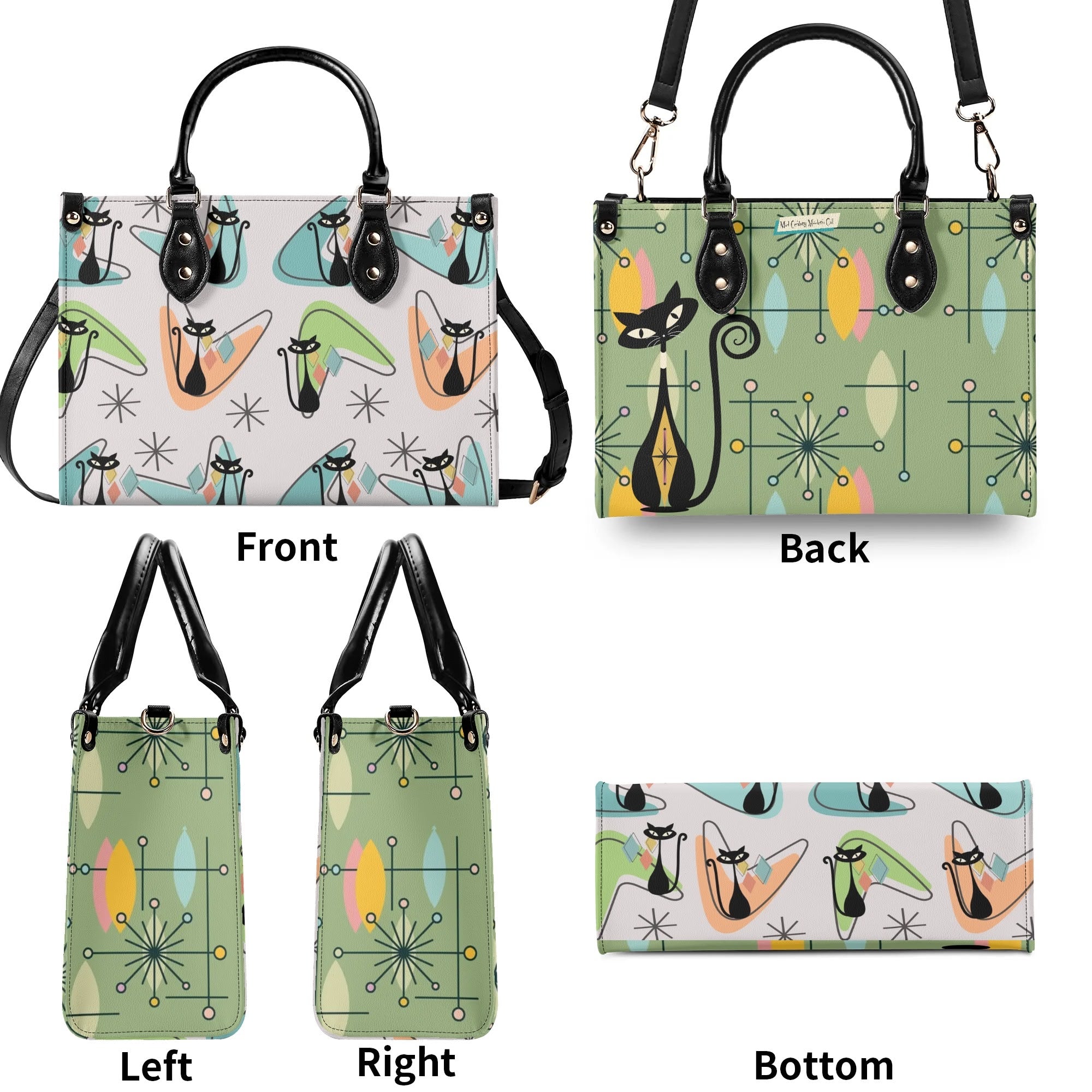 Atomic Cat Kitschy Handbag Reversible Mid Century Mod Handbag, Shoulder Bag - Mid Century Modern Gal