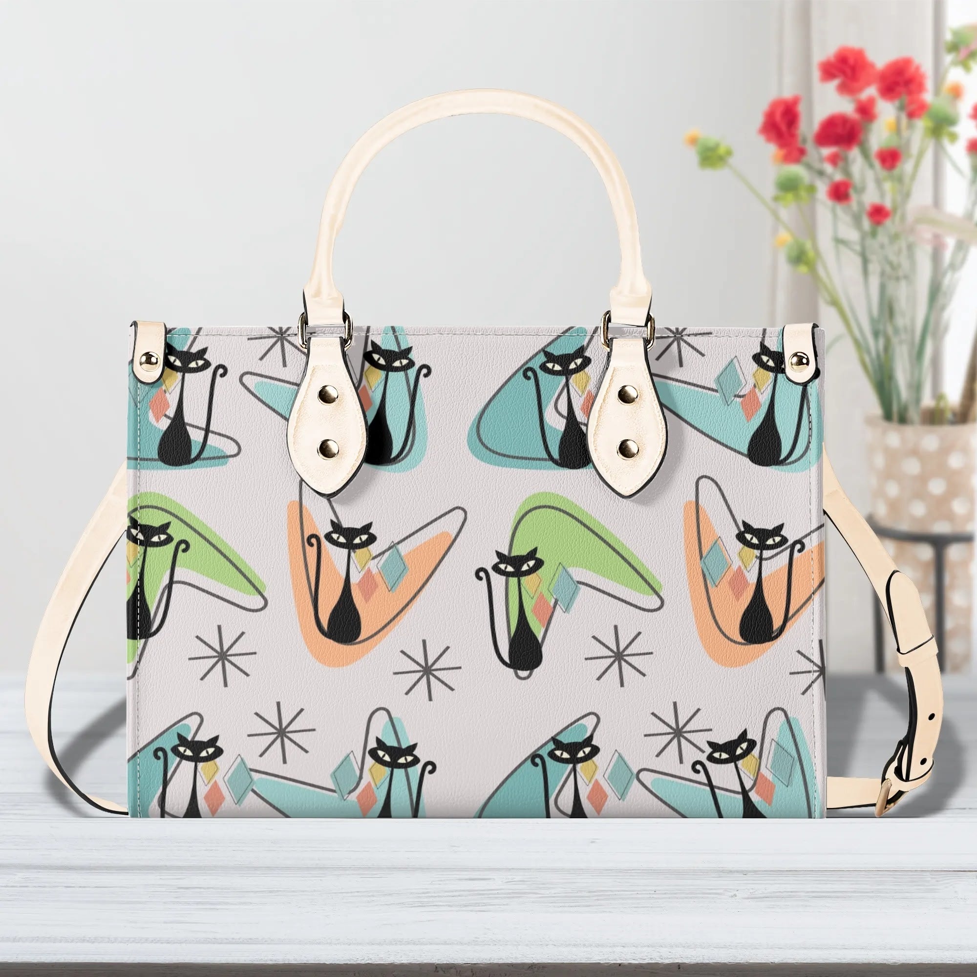 Atomic Cat Kitschy Handbag Reversible Mid Century Mod Handbag, Shoulder Bag - Mid Century Modern Gal