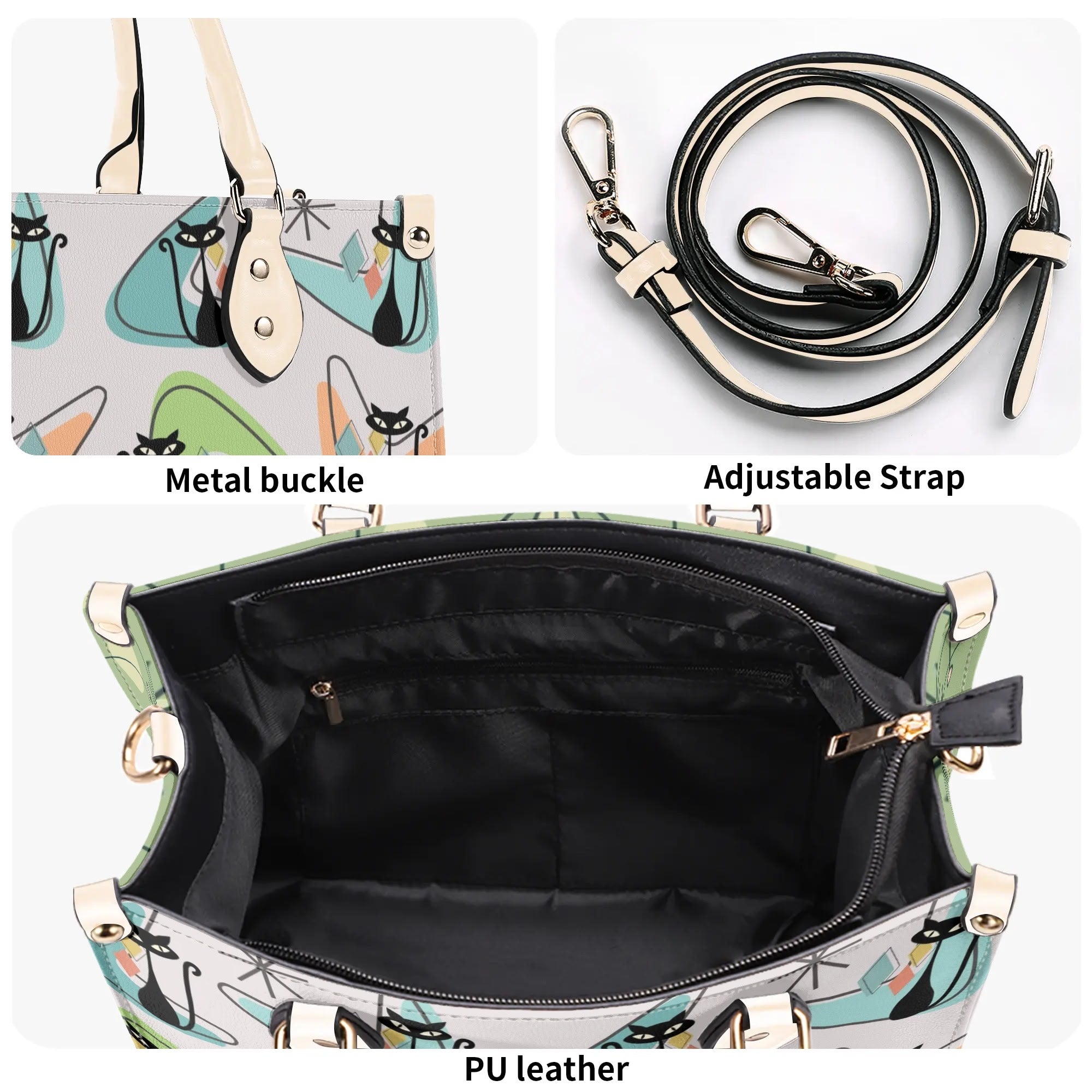 Atomic Cat Kitschy Handbag Reversible Mid Century Mod Handbag, Shoulder Bag - Mid Century Modern Gal