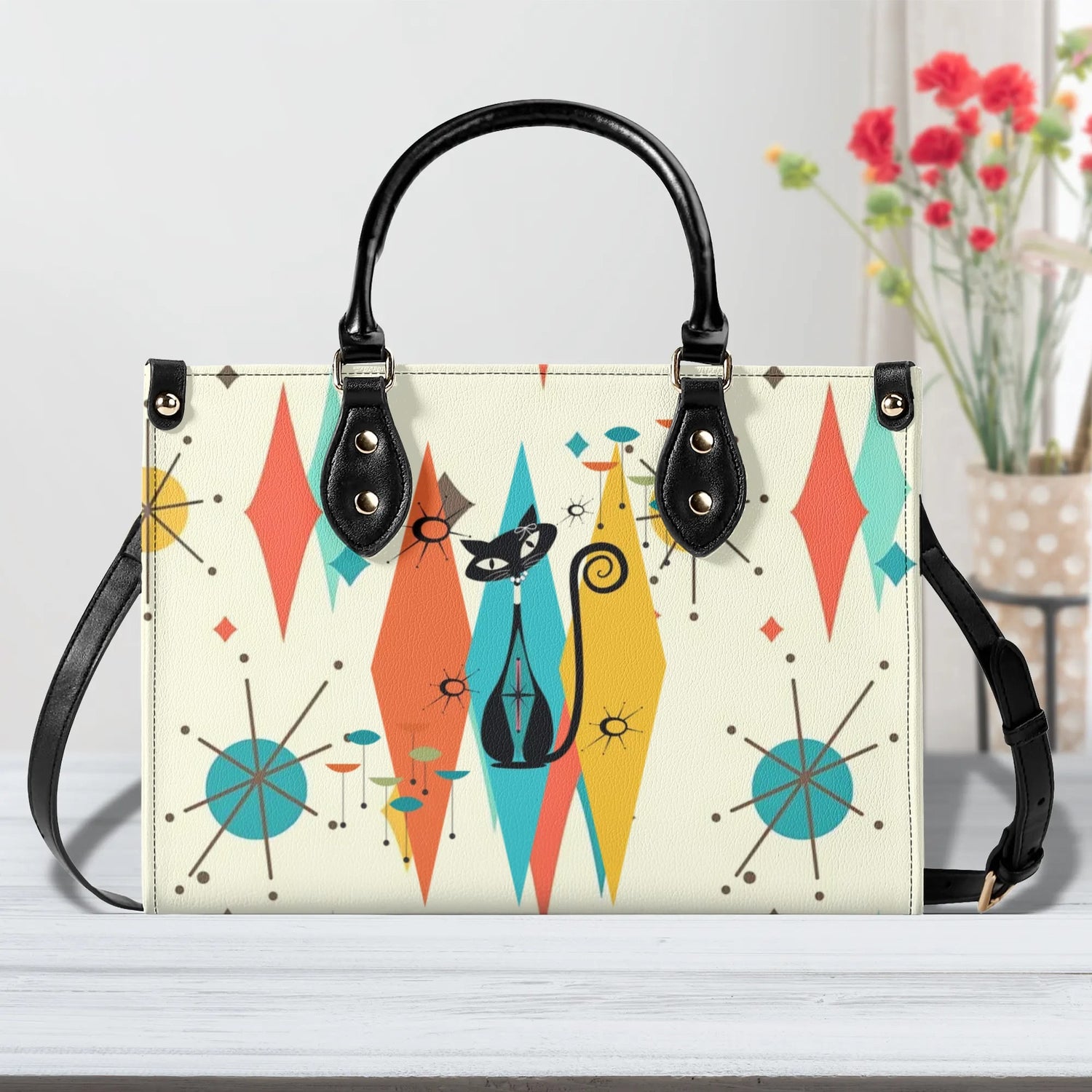 Atomic Cat Handbag, Shoulder Bag, 50s Kitsch Franciscan Starburst Mod Bag - Mid Century Modern Gal