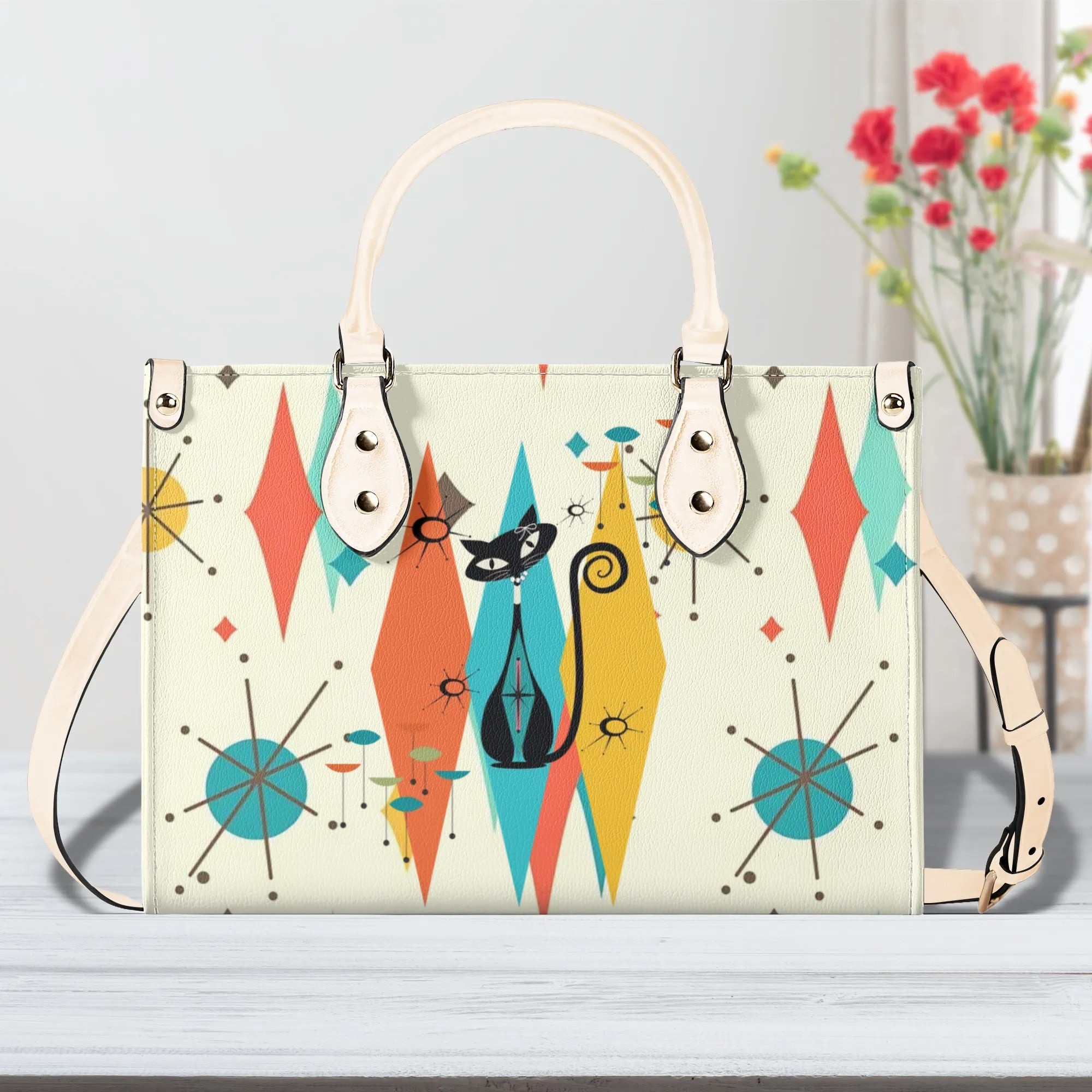 Atomic Cat Handbag, Shoulder Bag, 50s Kitsch Franciscan Starburst Mod Bag - Mid Century Modern Gal