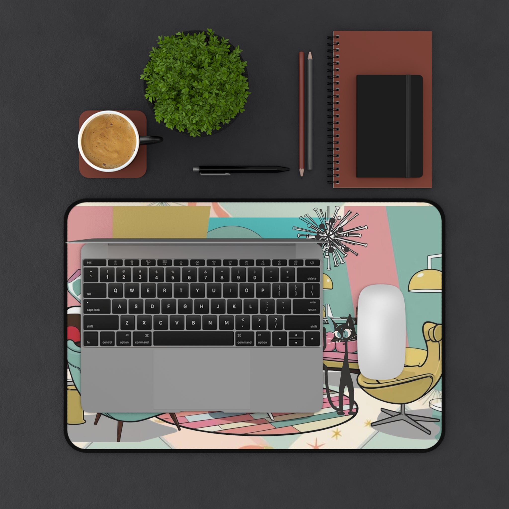 Mid-Century Modern Atomic Kitschy Cats Desk Mat - Stylish Home Office Decor - Mid Century Modern Gal