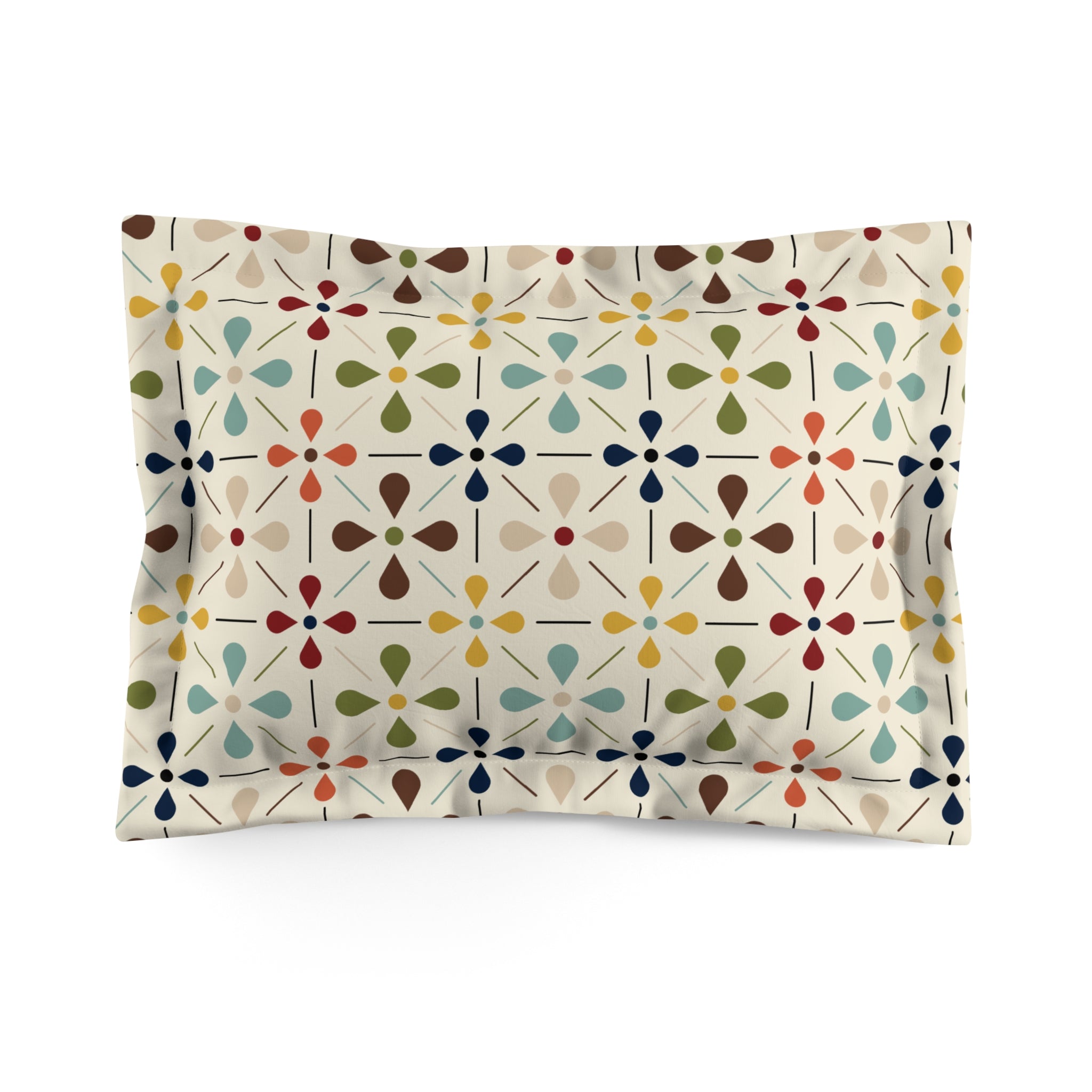 Mid Century Modern, Scandinavian Flower, Modern Danish, Beige, Yellow, Green, Orange, Brown, Aqua, MCM Bedroom Pillow Sham - Mid Century Modern Gal