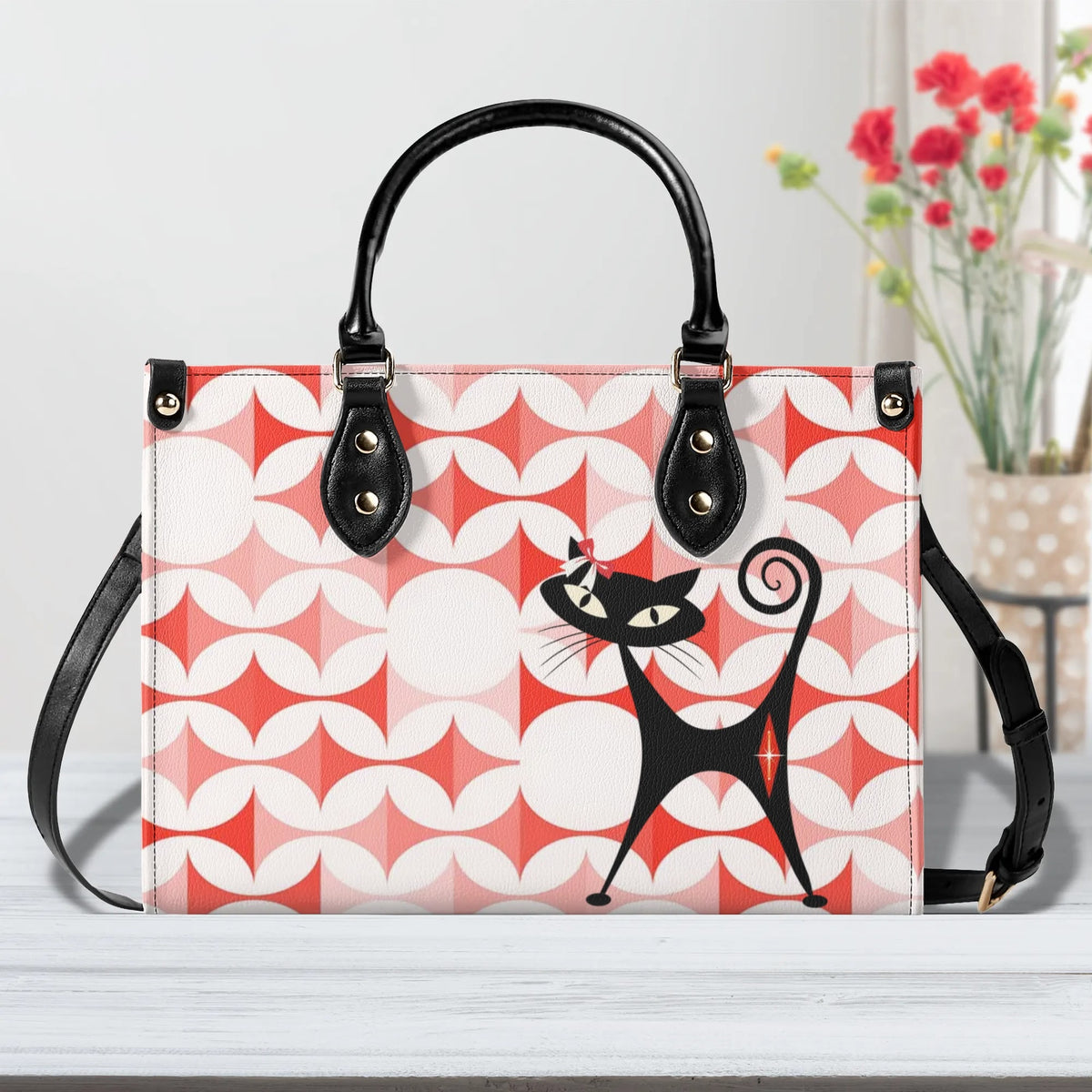 Atomic Cat Handbag, Kitschy Cat With Couquette Bow, Scandi Designed Funky Fun Shoulder Bag - Mid Century Modern Gal