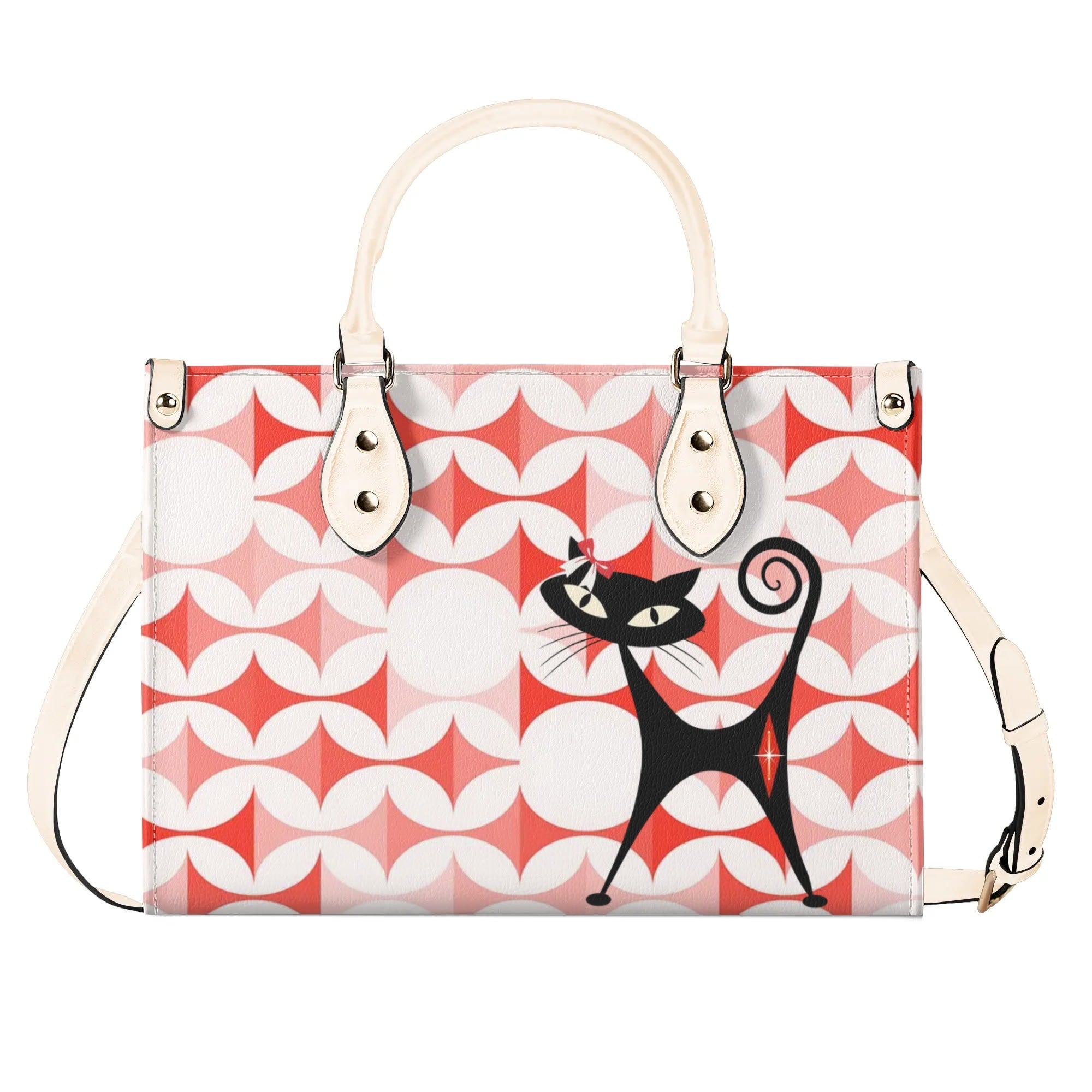 Atomic Cat Handbag, Kitschy Cat With Couquette Bow, Scandi Designed Funky Fun Shoulder Bag - Mid Century Modern Gal