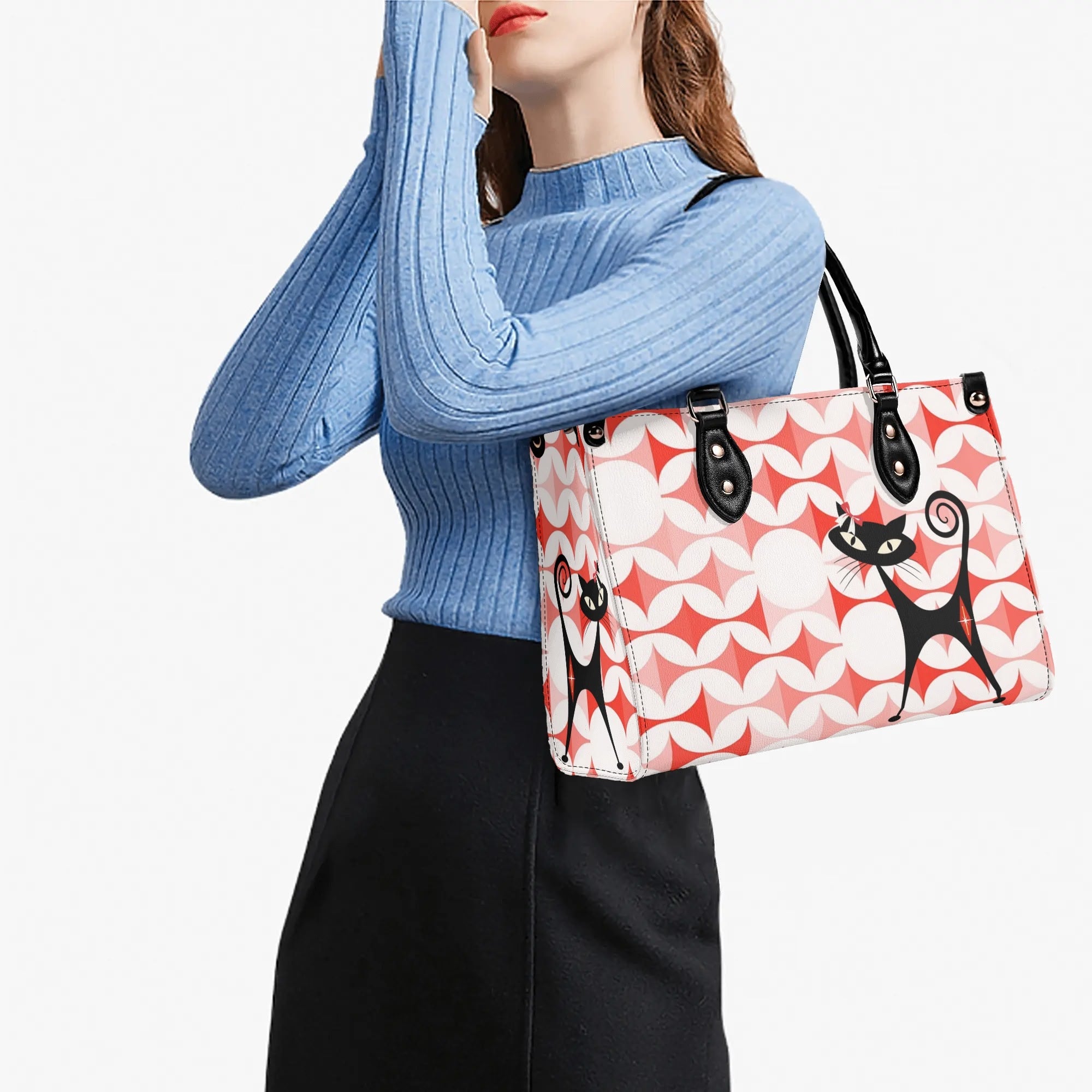 Atomic Cat Handbag, Kitschy Cat With Couquette Bow, Scandi Designed Funky Fun Shoulder Bag - Mid Century Modern Gal