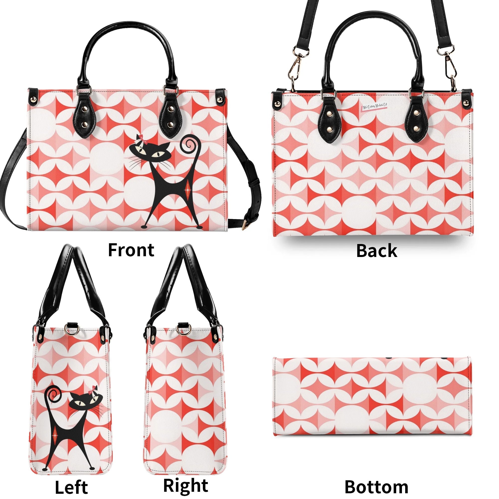 Atomic Cat Handbag, Kitschy Cat With Couquette Bow, Scandi Designed Funky Fun Shoulder Bag - Mid Century Modern Gal