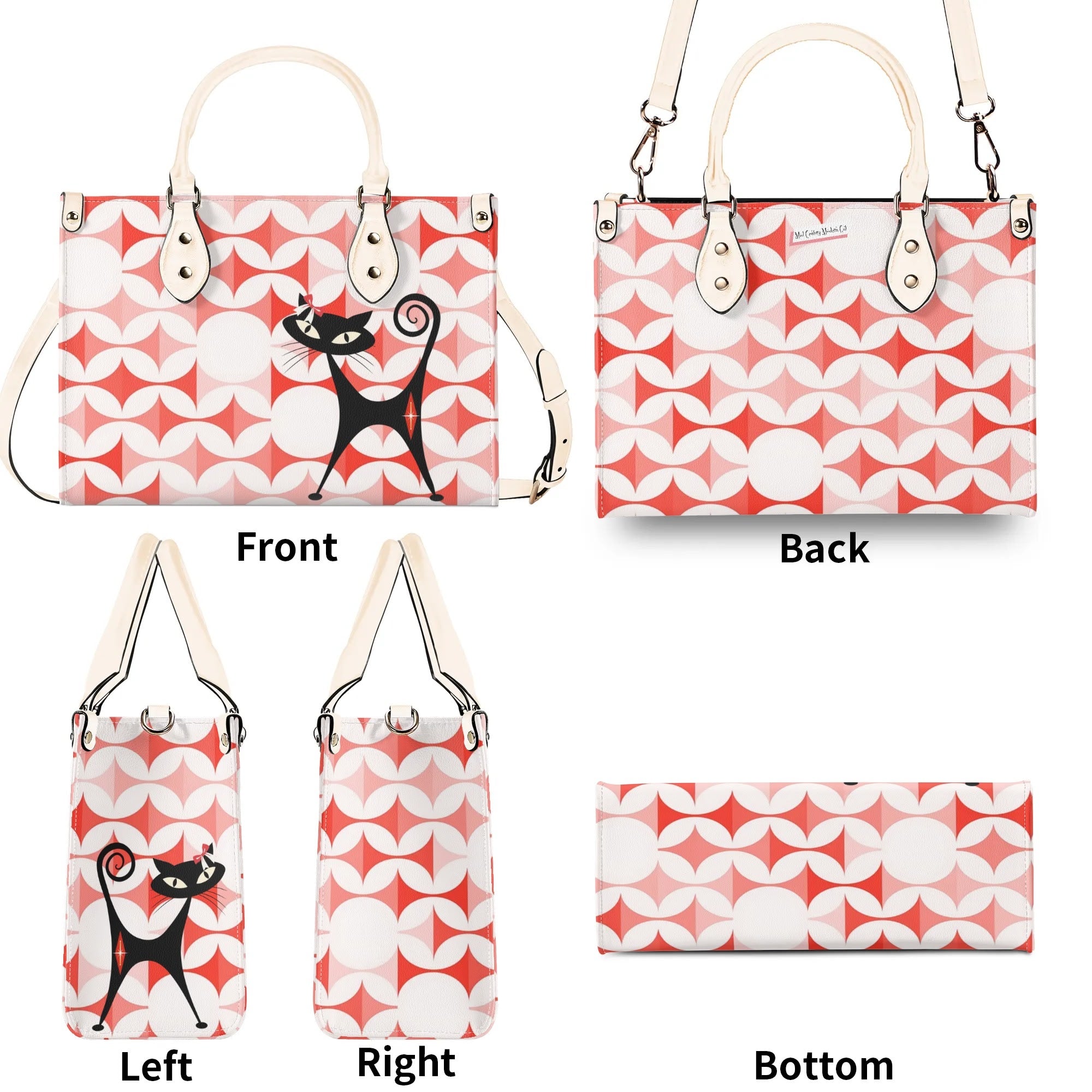 Atomic Cat Handbag, Kitschy Cat With Couquette Bow, Scandi Designed Funky Fun Shoulder Bag - Mid Century Modern Gal