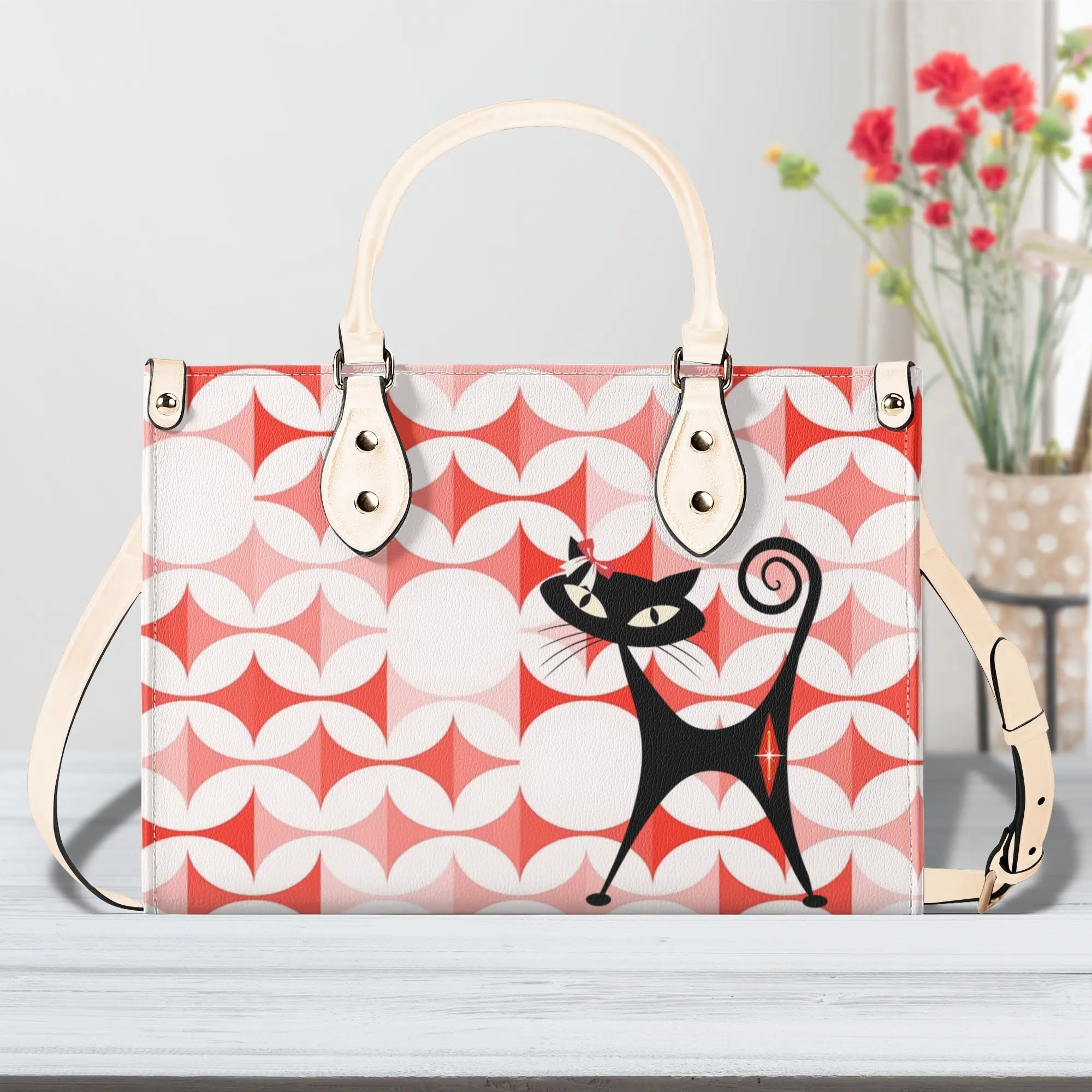 Atomic Cat Handbag, Kitschy Cat With Couquette Bow, Scandi Designed Funky Fun Shoulder Bag - Mid Century Modern Gal