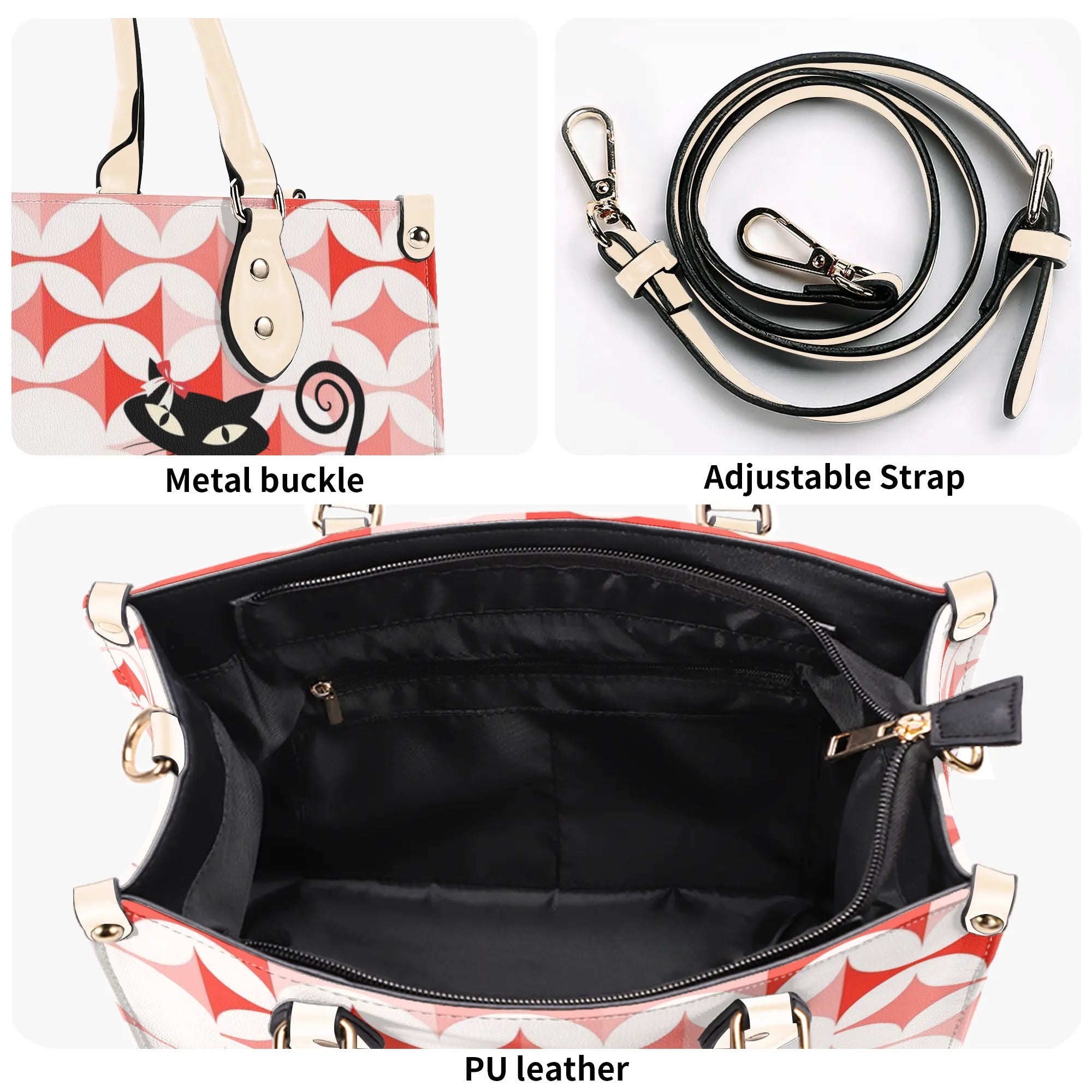 Atomic Cat Handbag, Kitschy Cat With Couquette Bow, Scandi Designed Funky Fun Shoulder Bag - Mid Century Modern Gal