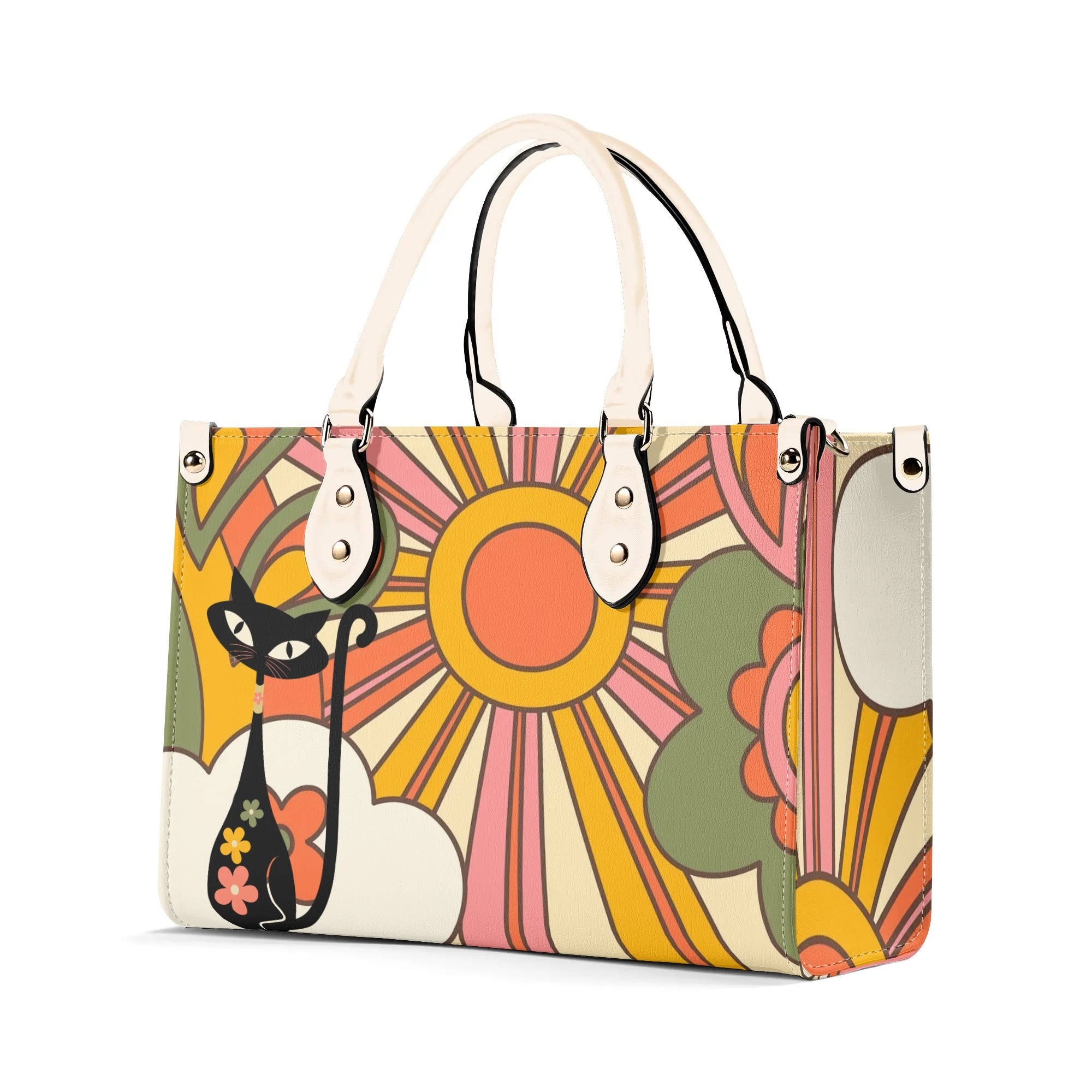 1970s Groovy Handbag, Atomic Kitty, Flower Power Hip Chic Trendy Kitsch Shoulder Bag - Mid Century Modern Gal