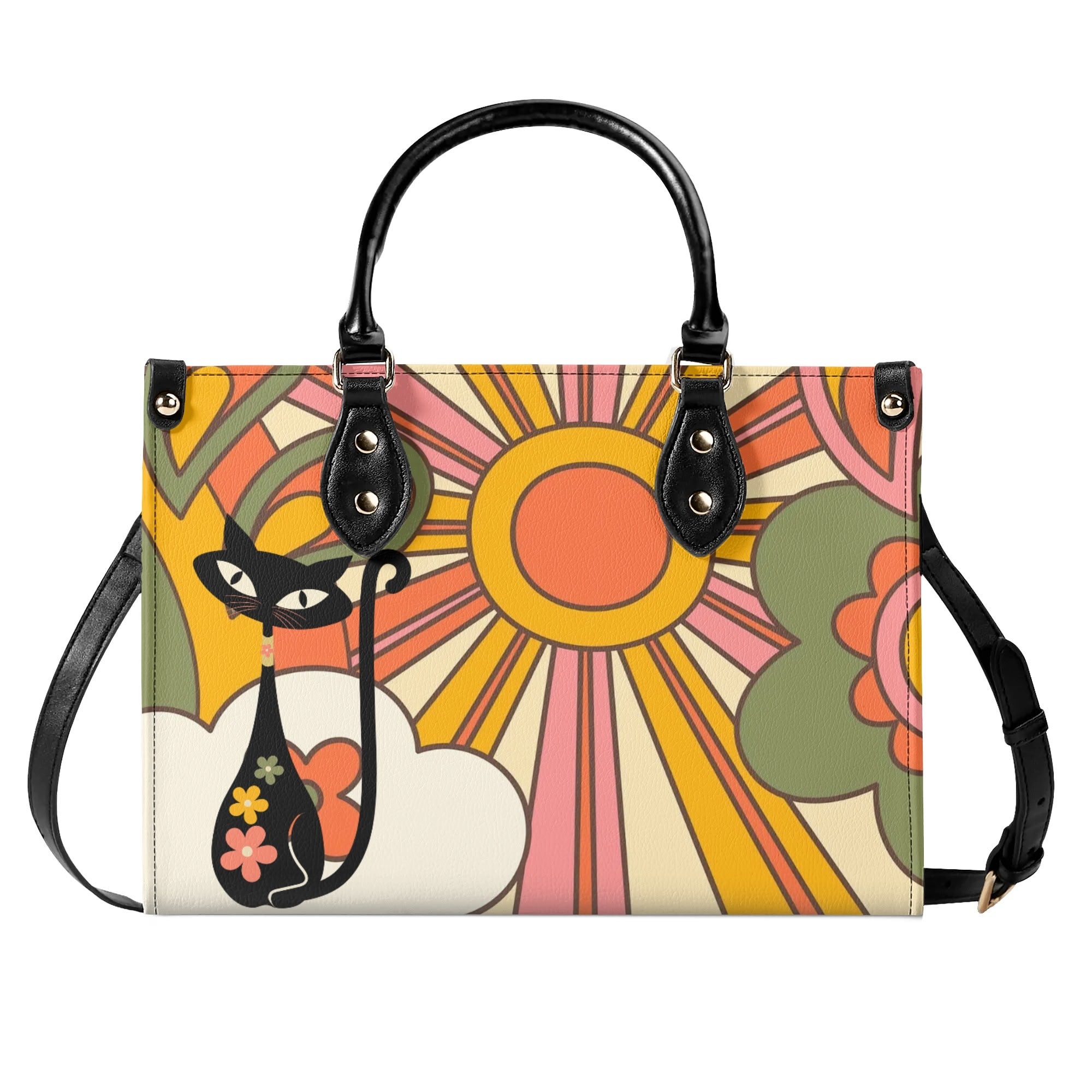 1970s Groovy Handbag, Atomic Kitty, Flower Power Hip Chic Trendy Kitsch Shoulder Bag - Mid Century Modern Gal