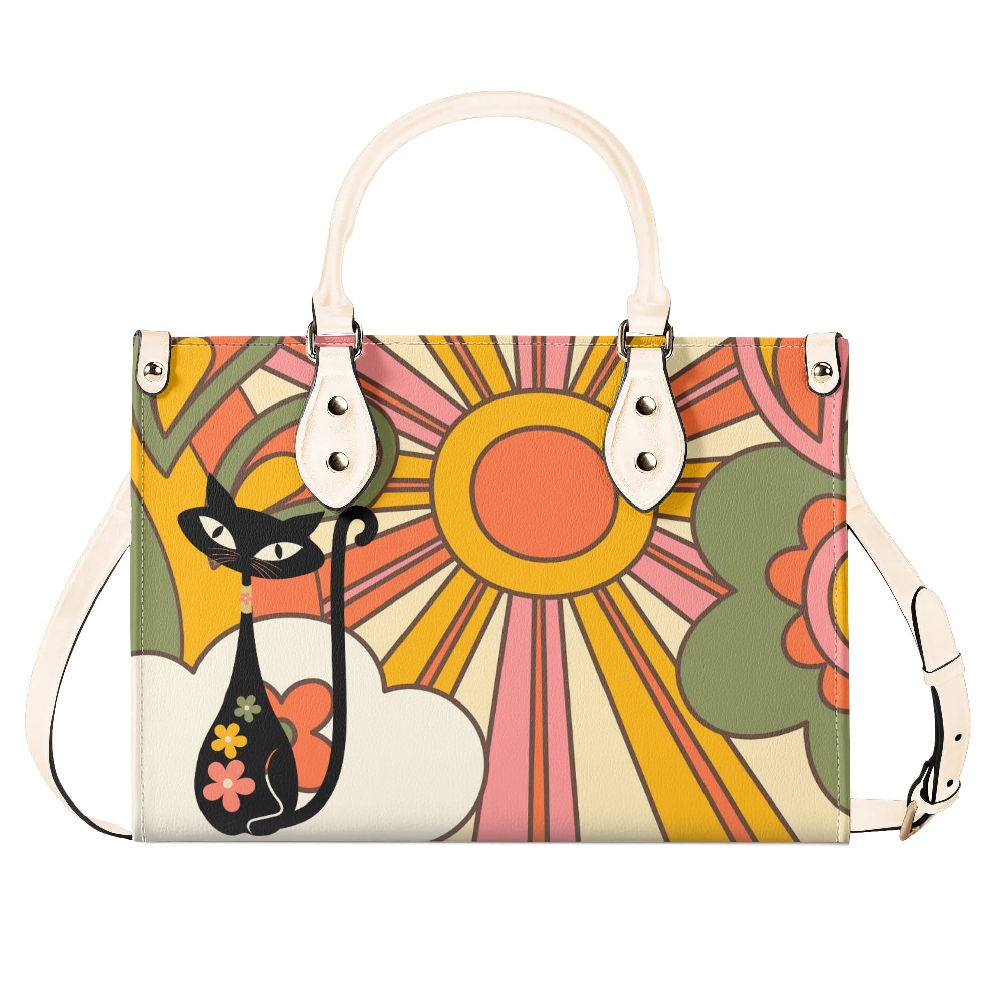 1970s Groovy Handbag, Atomic Kitty, Flower Power Hip Chic Trendy Kitsch Shoulder Bag - Mid Century Modern Gal