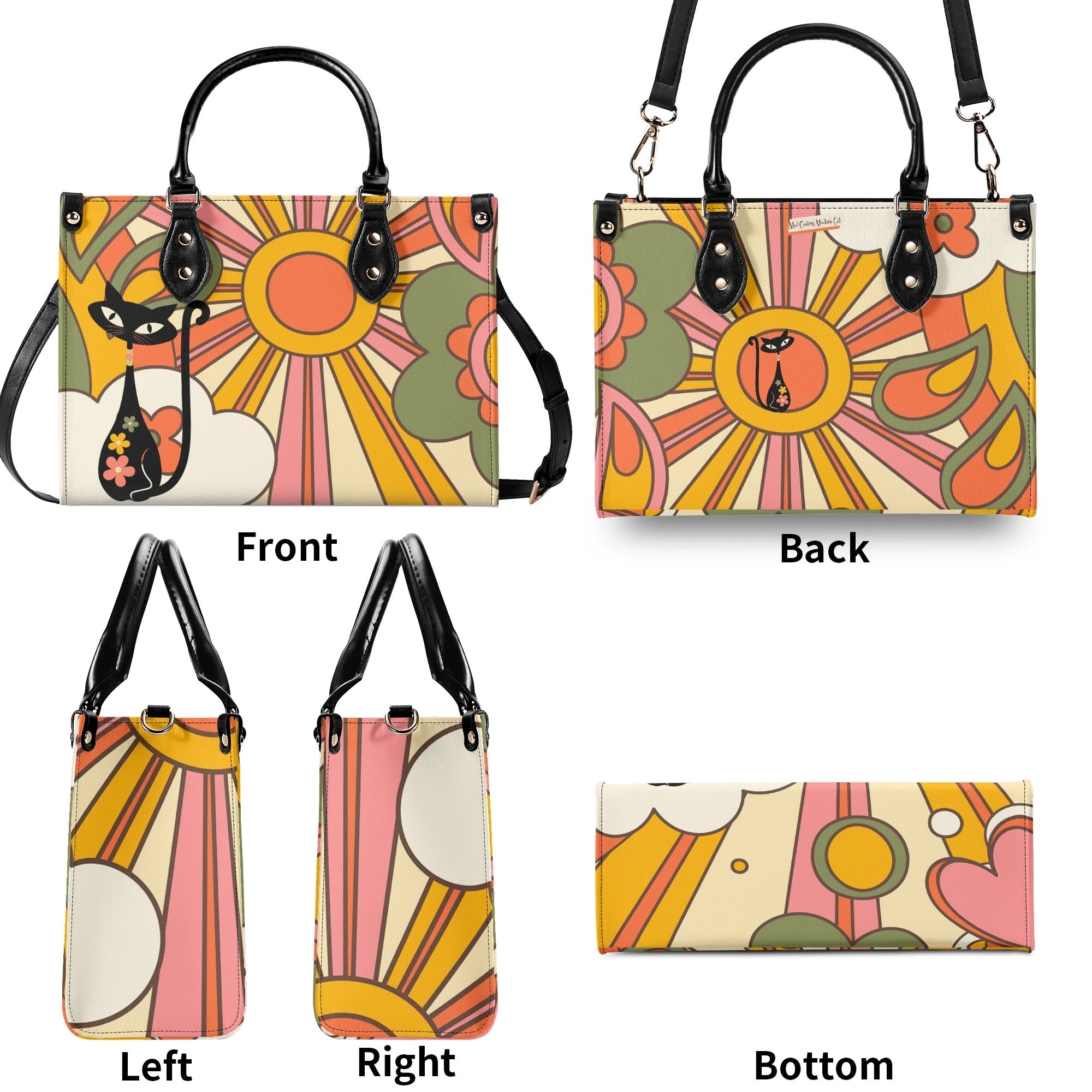 1970s Groovy Handbag, Atomic Kitty, Flower Power Hip Chic Trendy Kitsch Shoulder Bag - Mid Century Modern Gal