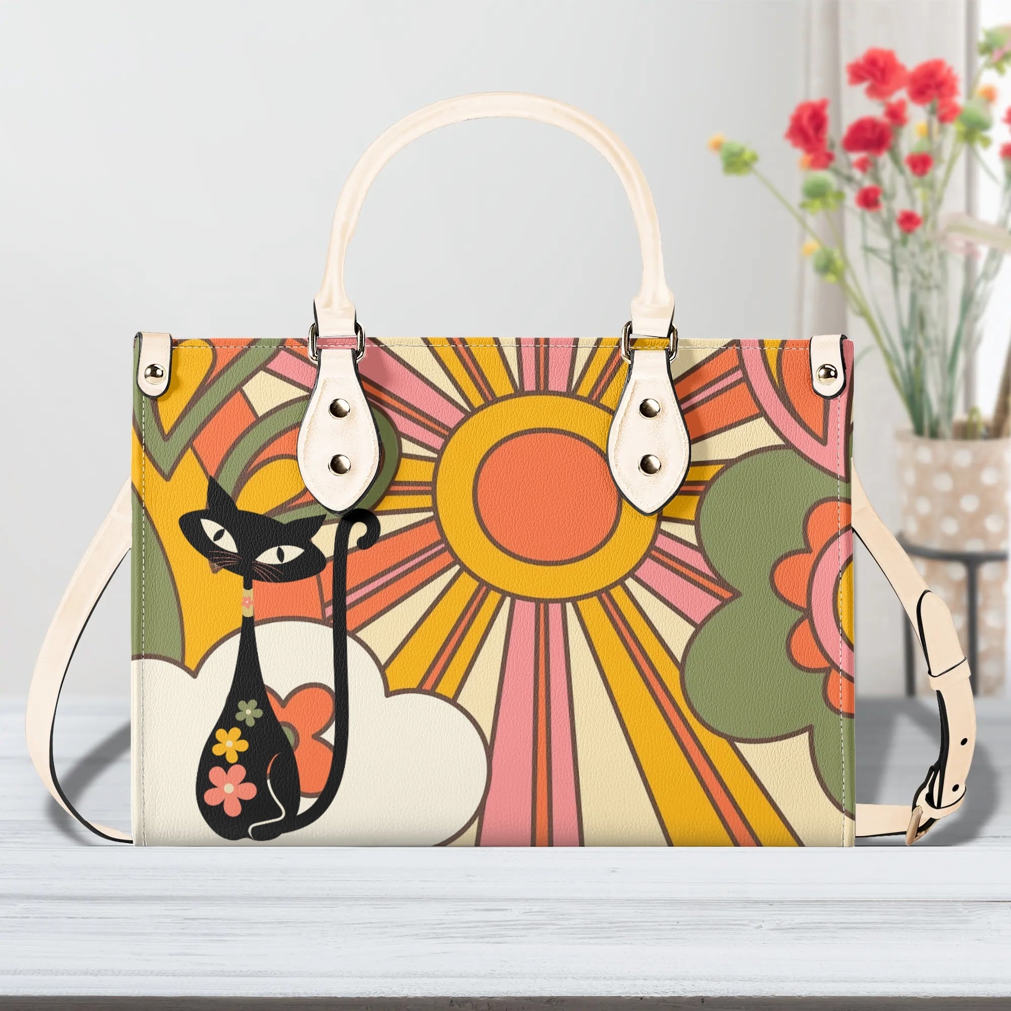 1970s Groovy Handbag, Atomic Kitty, Flower Power Hip Chic Trendy Kitsch Shoulder Bag - Mid Century Modern Gal