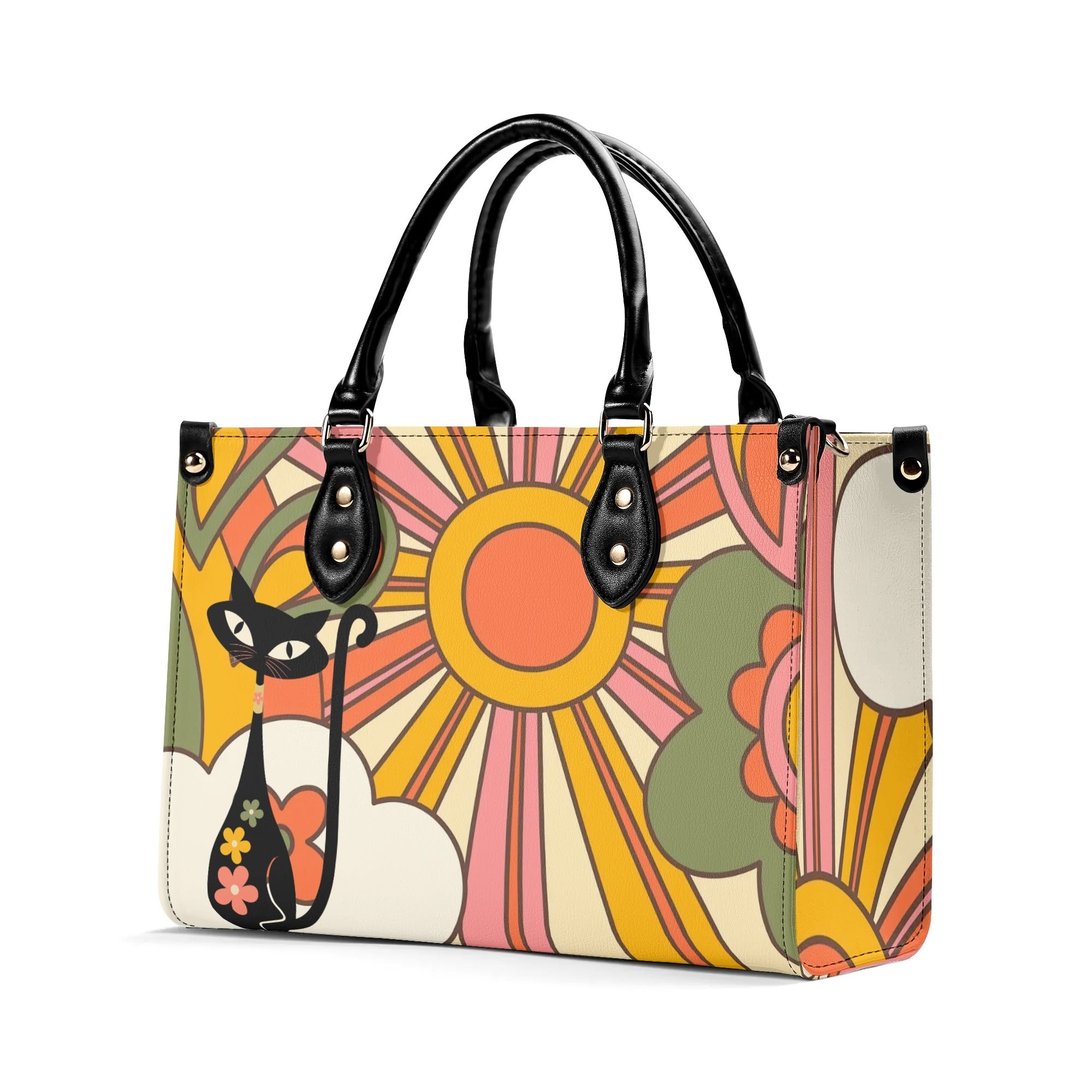 1970s Groovy Handbag, Atomic Kitty, Flower Power Hip Chic Trendy Kitsch Shoulder Bag - Mid Century Modern Gal