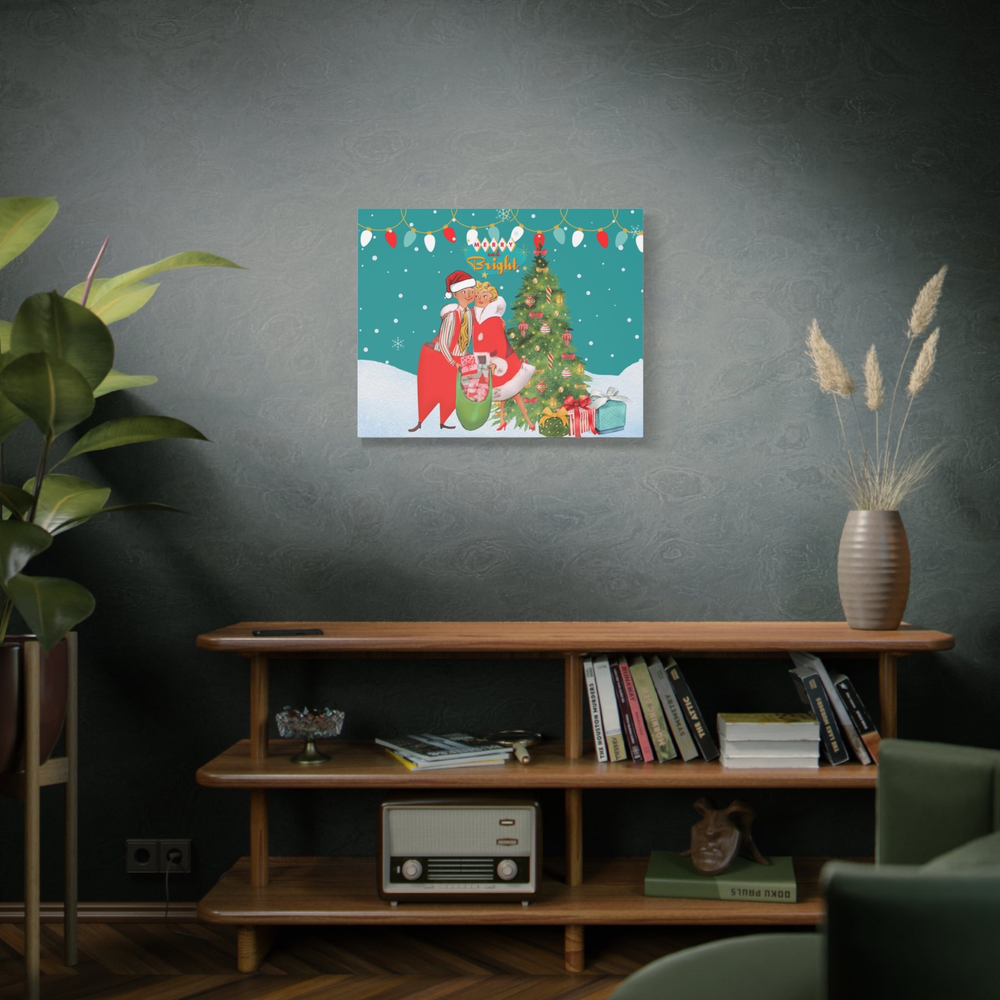Christmas Mantel Art, Retro Vintage 50s Kitschy Mod Couple Festive Holiday, Whimsical Christmas Wall Decor, Merry & Bright Decor - Mid Century Modern Gal