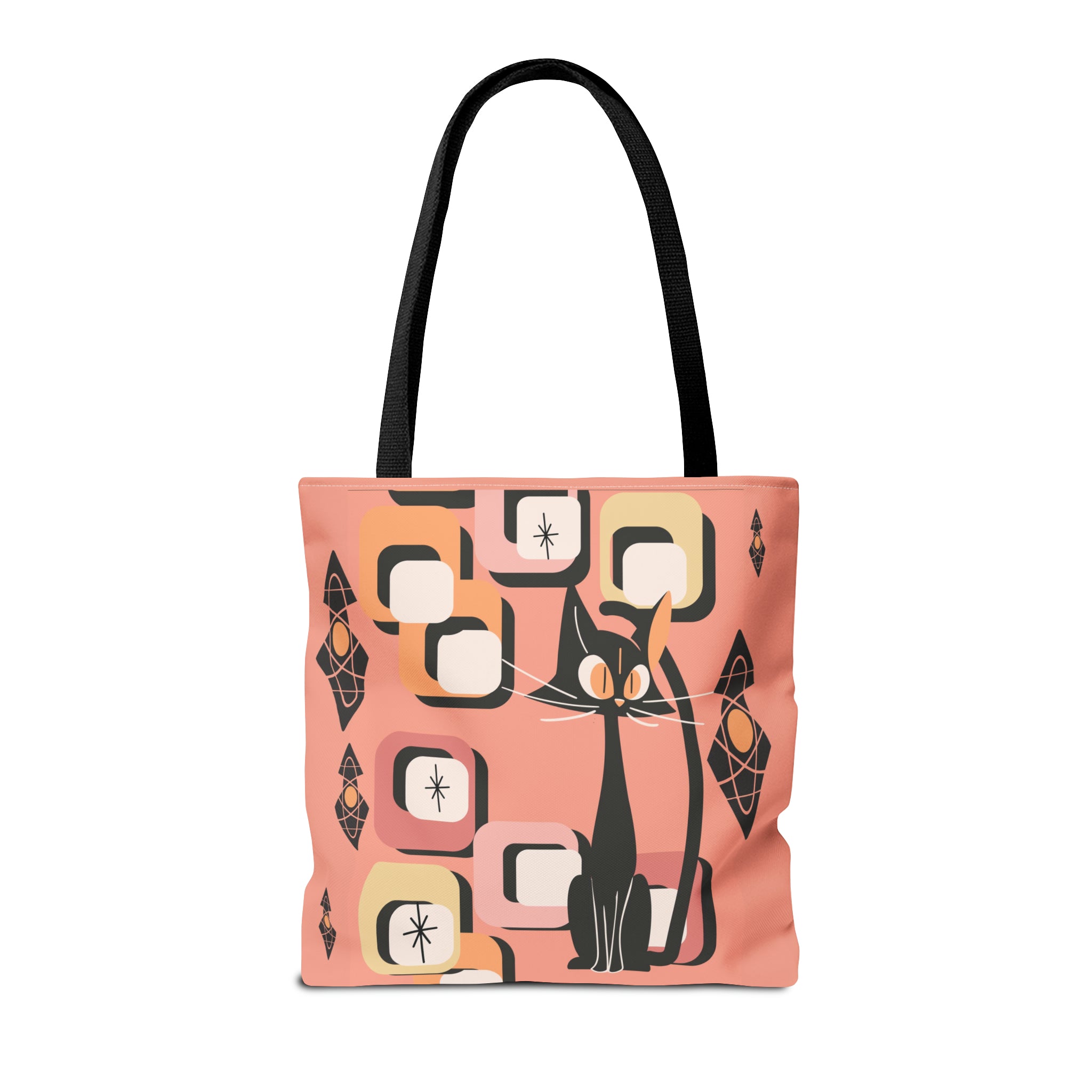 Atomic Cat Tote Bag, Coral Color, Mid Century Modern Geometric Designs, Mid Mod Retro Apparel - Mid Century Modern Gal