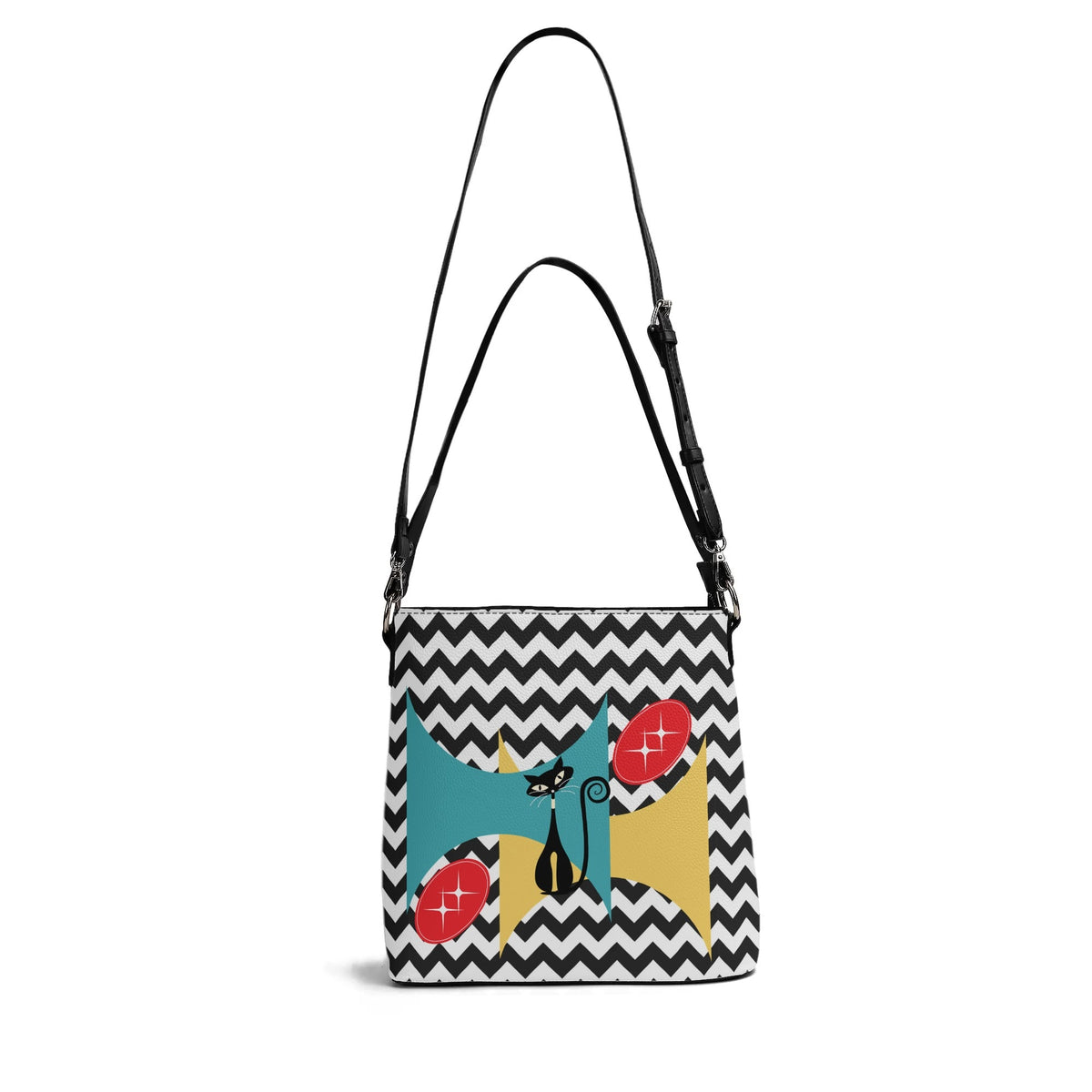 Atomic Cat Bucket Shoulder Bag, Black And White Chevron Purse, Kitschy Fun Design BY MCM GAL - Mid Century Modern Gal