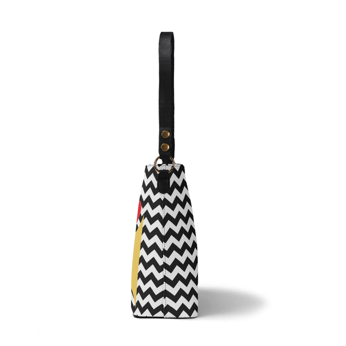 Atomic Cat Bucket Shoulder Bag, Black And White Chevron Purse, Kitschy Fun Design BY MCM GAL - Mid Century Modern Gal