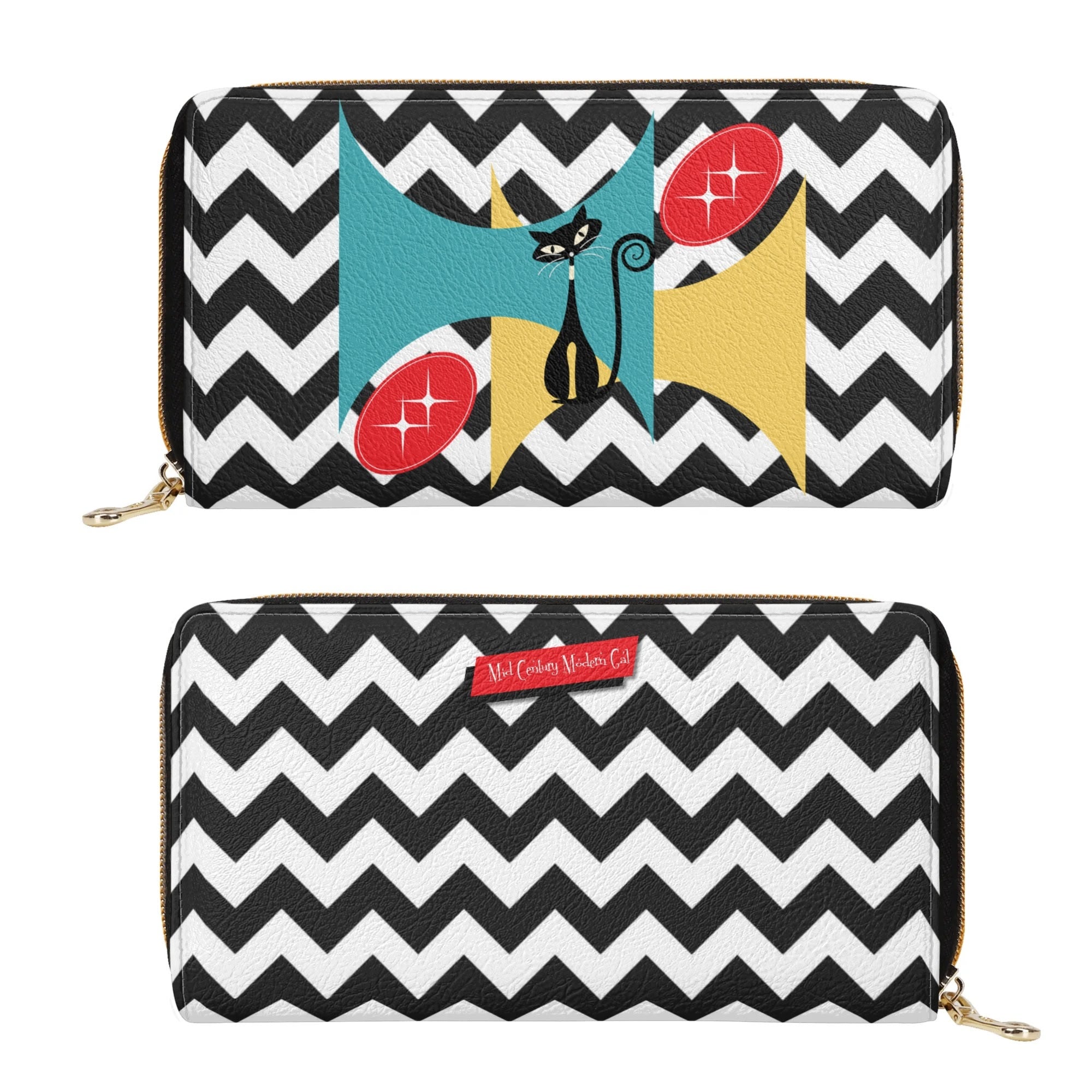 Atomic Cat Mid Mod Black And White Kitschy Chevron Pattern Wallet - Mid Century Modern Gal