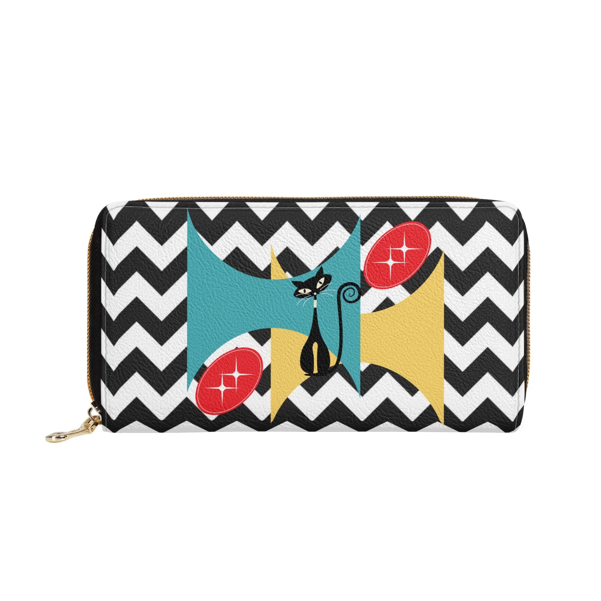 Atomic Cat Mid Mod Black And White Kitschy Chevron Pattern Wallet - Mid Century Modern Gal