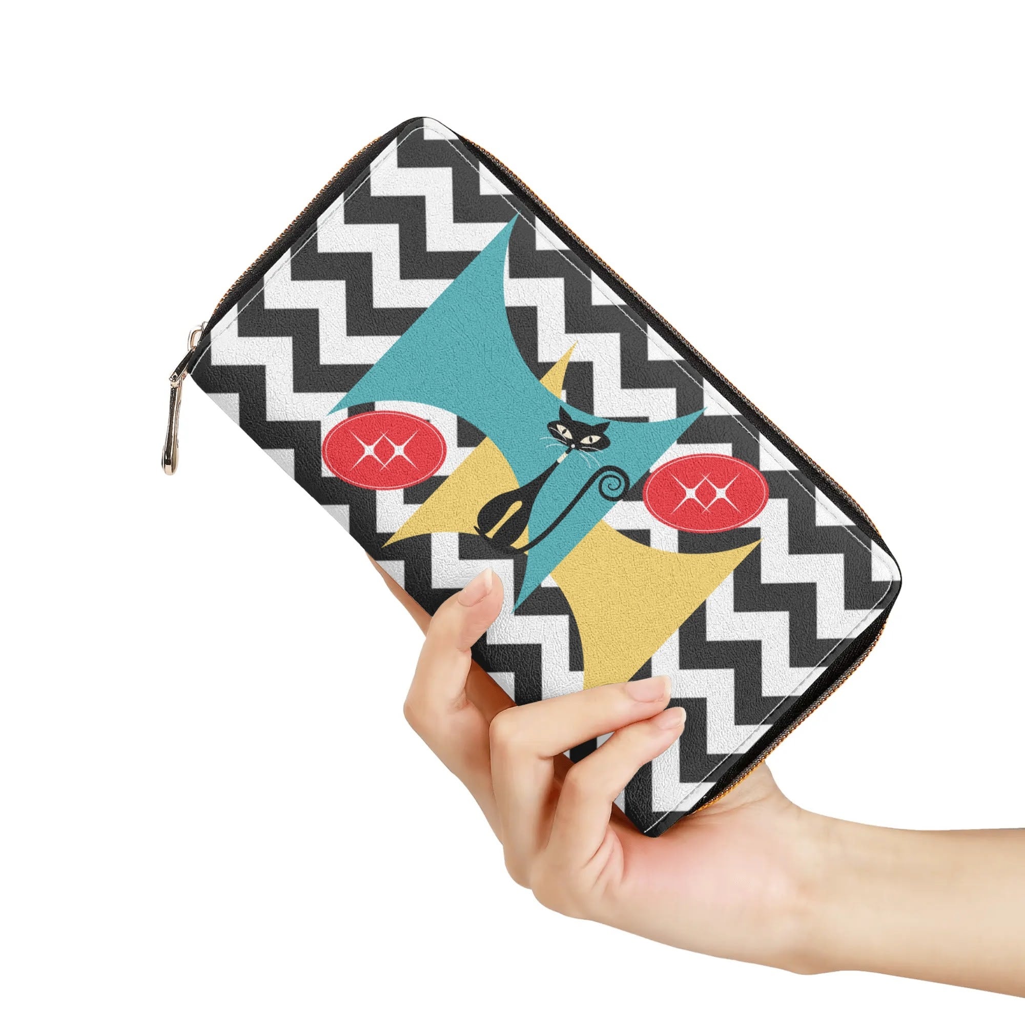 Atomic Cat Mid Mod Black And White Kitschy Chevron Pattern Wallet - Mid Century Modern Gal