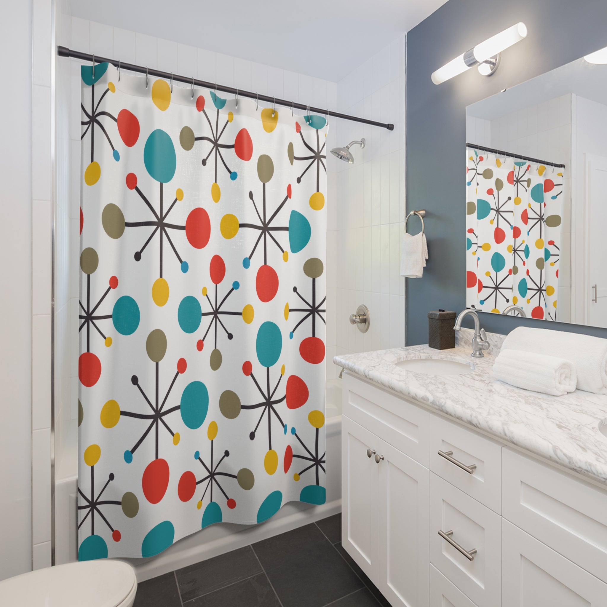 RETRO Atomic Mid Century Modern Teal, Green, Yellow, Starburst Clock MCM Home Decor Shower Curtains - Mid Century Modern Gal