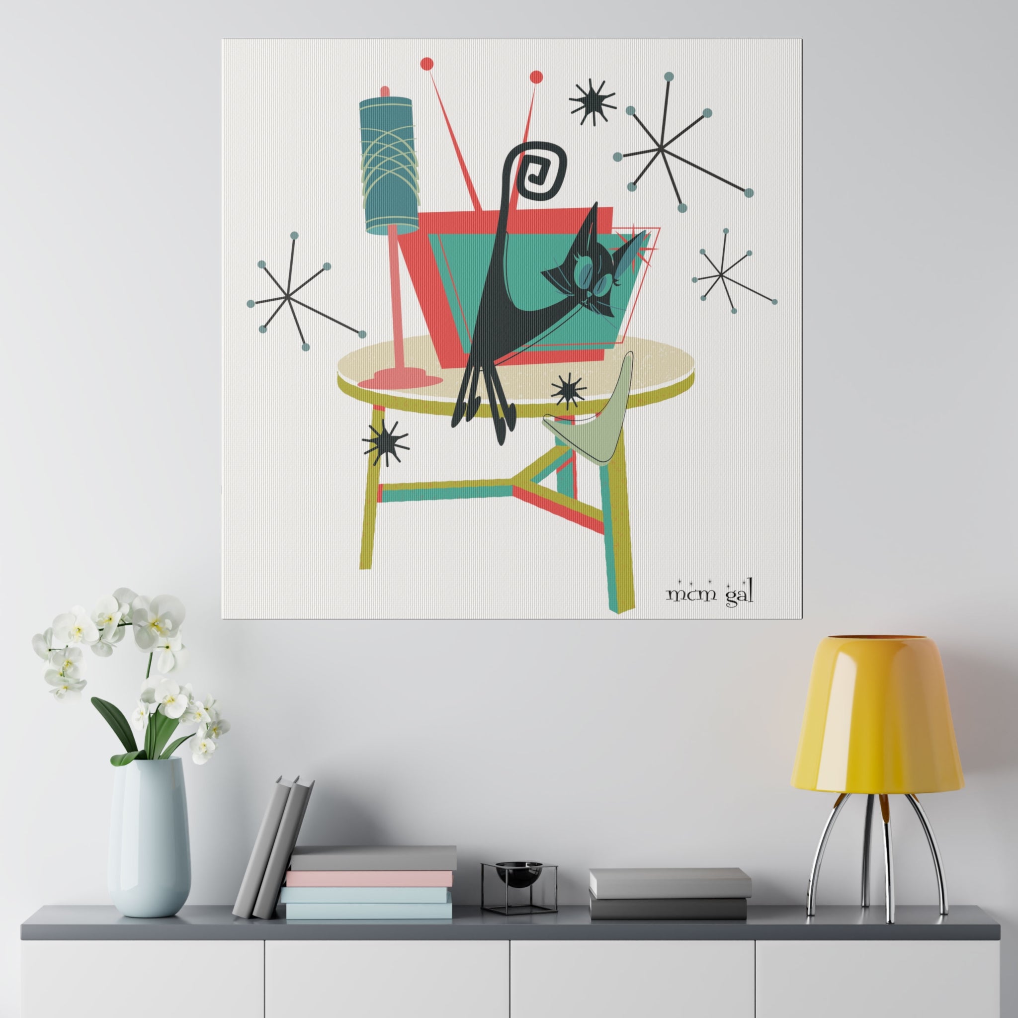Atomic Cat Art, Quirky Kookie Mid Century Modern Matte Canvas - Mid Century Modern Gal