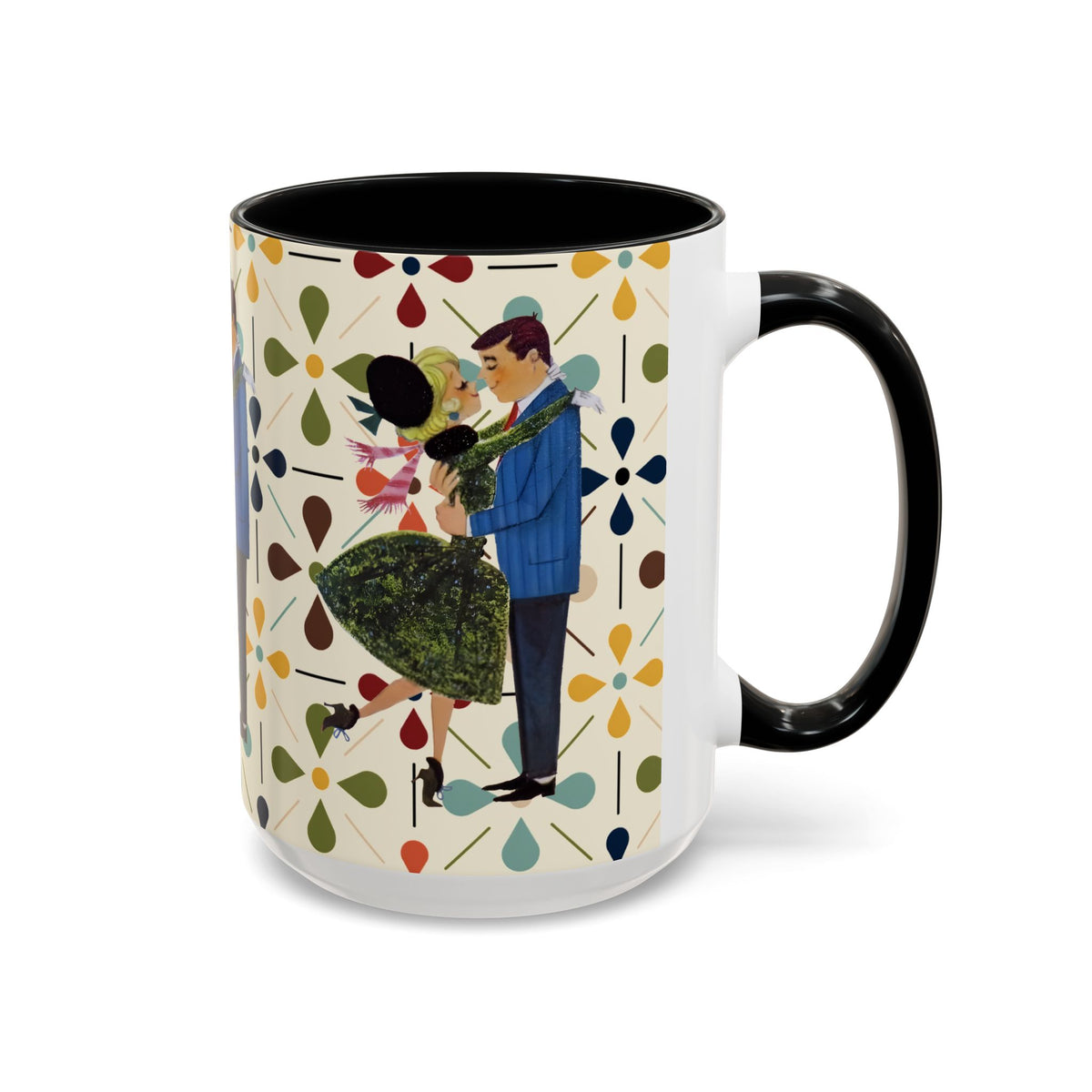 Mid Century Modern 50s Christmas mug featuring a kitschy couple dancing against a colorful flower pattern.