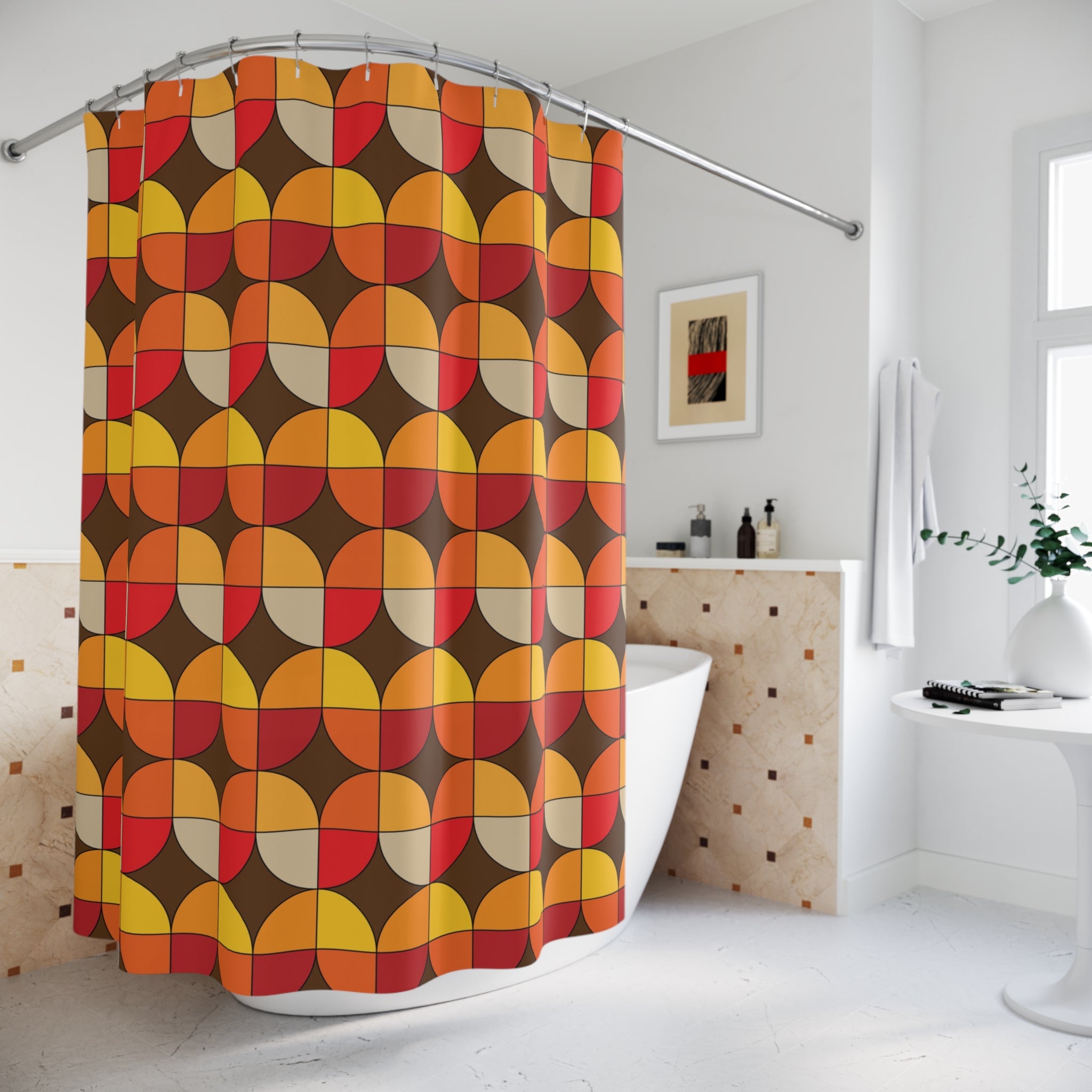 Mid Mod Retro Geometric Shower Curtain - Vibrant Mid-Century Modern Design for Stylish Bathrooms - Mid Century Modern Gal