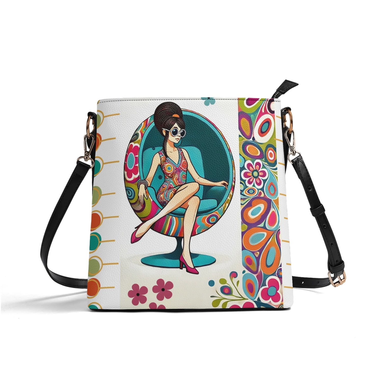 60s Mid Mod Shoulder Bag, Bucket Bag, Hippie Chick Funky Purse - Mid Century Modern Gal