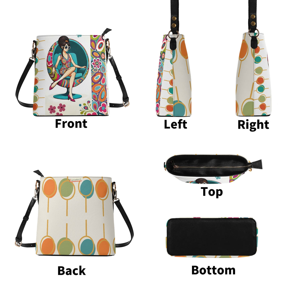 60s Mid Mod Shoulder Bag, Bucket Bag, Hippie Chick Funky Purse - Mid Century Modern Gal