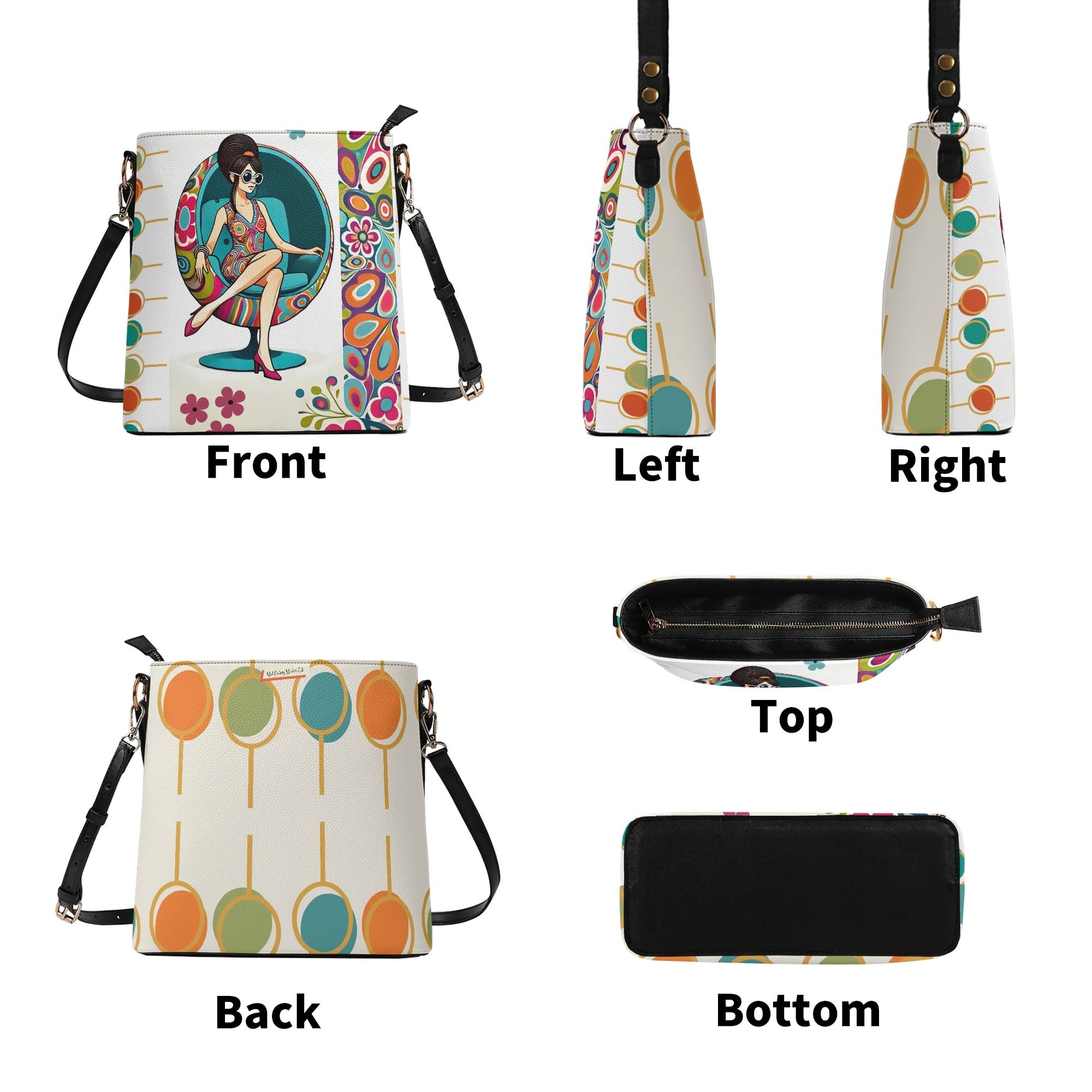 60s Mid Mod Shoulder Bag, Bucket Bag, Hippie Chick Funky Purse - Mid Century Modern Gal