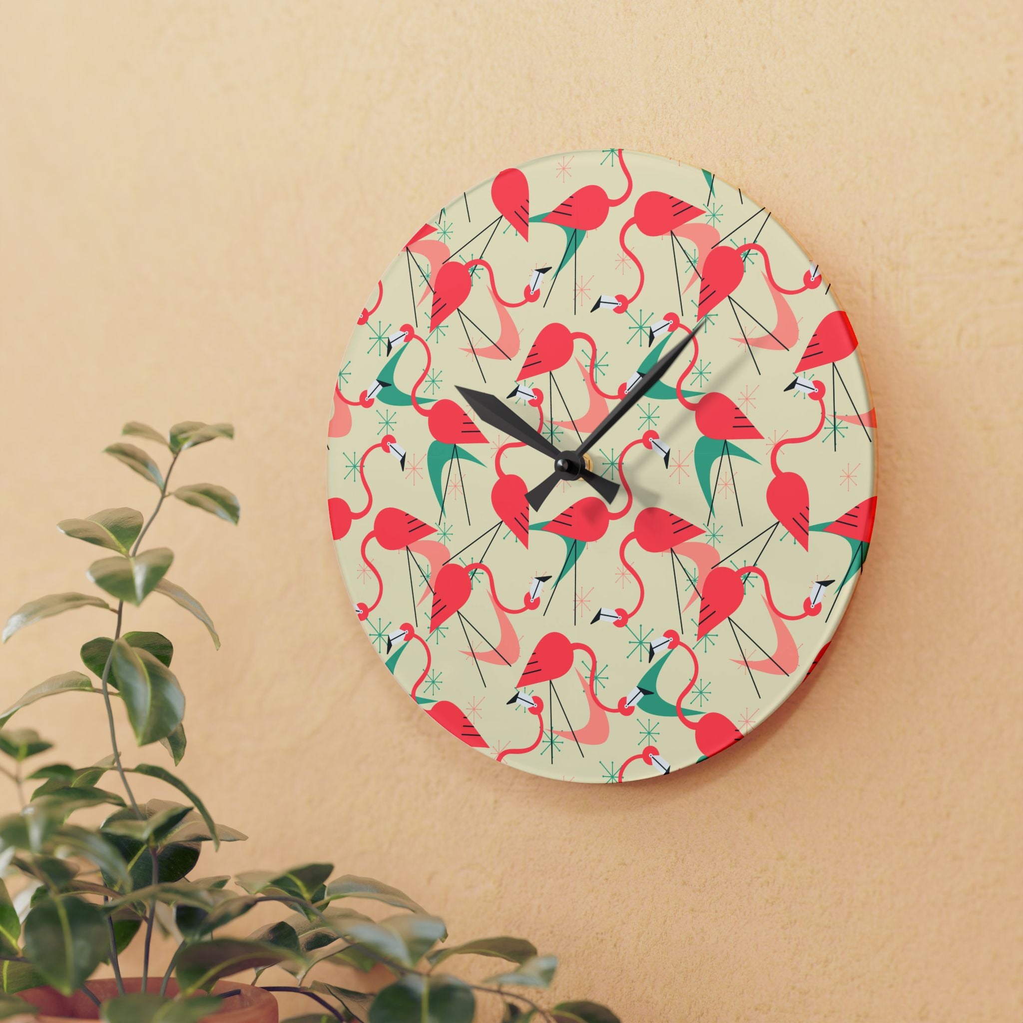 Tropical Retro Dancing Flamingos Acrylic Wall Clock - Fun and Colorful Home Decor - Mid Century Modern Gal