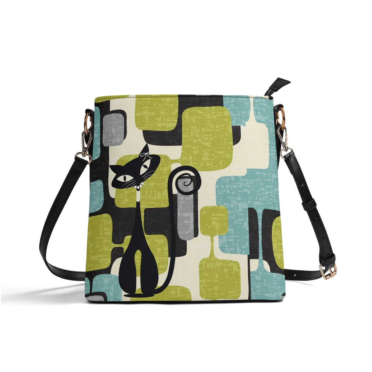 Atomic Cat Bucket Shoulder Bag, Geometric Designed Mid Century Mod Kitschy Trendy Purse - Mid Century Modern Gal