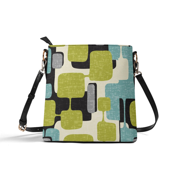 Atomic Cat Bucket Shoulder Bag, Geometric Designed Mid Century Mod Kitschy Trendy Purse