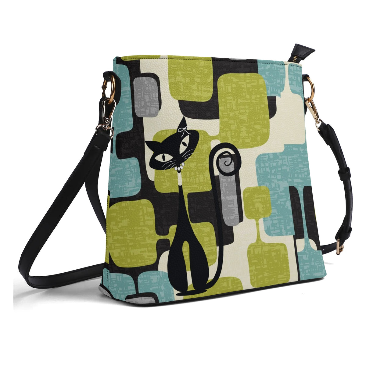 Atomic Cat Bucket Shoulder Bag, Geometric Designed Mid Century Mod Kitschy Trendy Purse - Mid Century Modern Gal