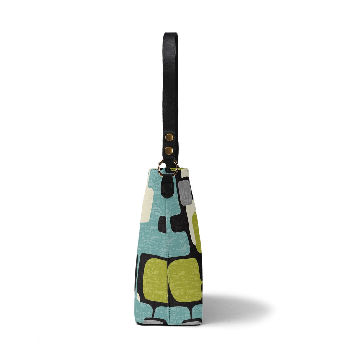 Atomic Cat Bucket Shoulder Bag, Geometric Designed Mid Century Mod Kitschy Trendy Purse - Mid Century Modern Gal