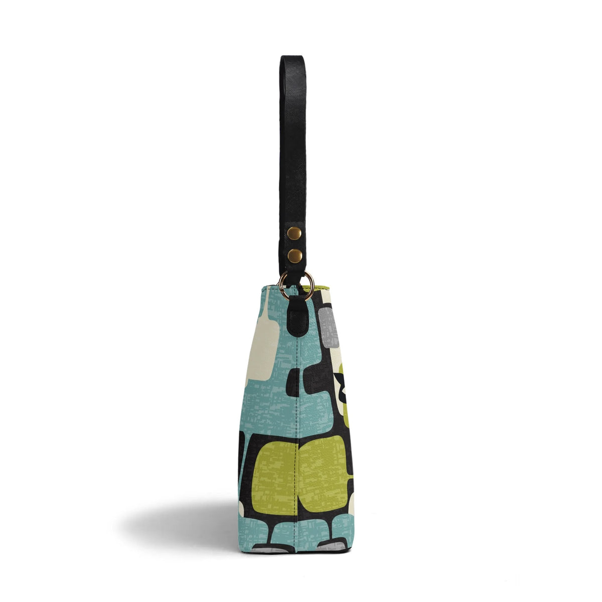 Atomic Cat Bucket Shoulder Bag, Geometric Designed Mid Century Mod Kitschy Trendy Purse - Mid Century Modern Gal
