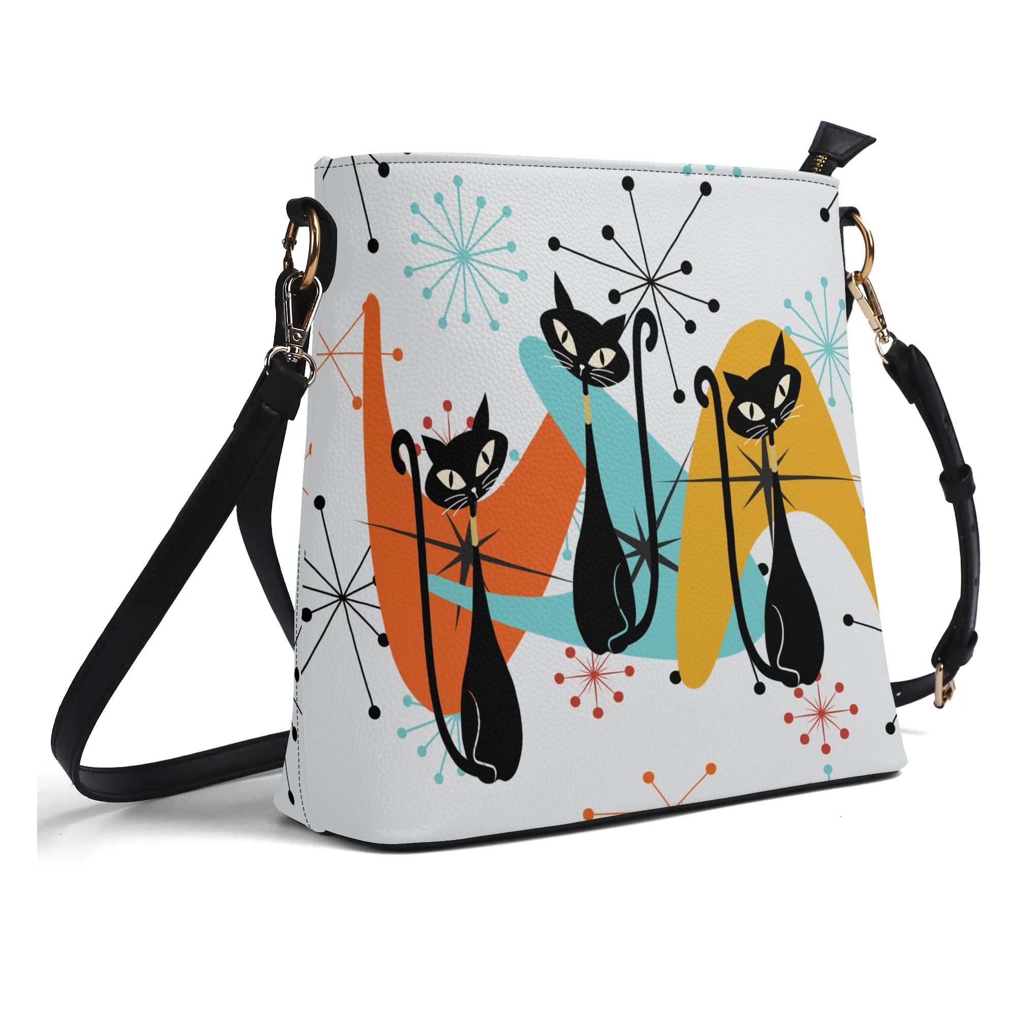 Atomic Cat Bucket Shoulder Bag, Atomic 50s Mid Century Mod Kitschy Trendy Purse - Mid Century Modern Gal