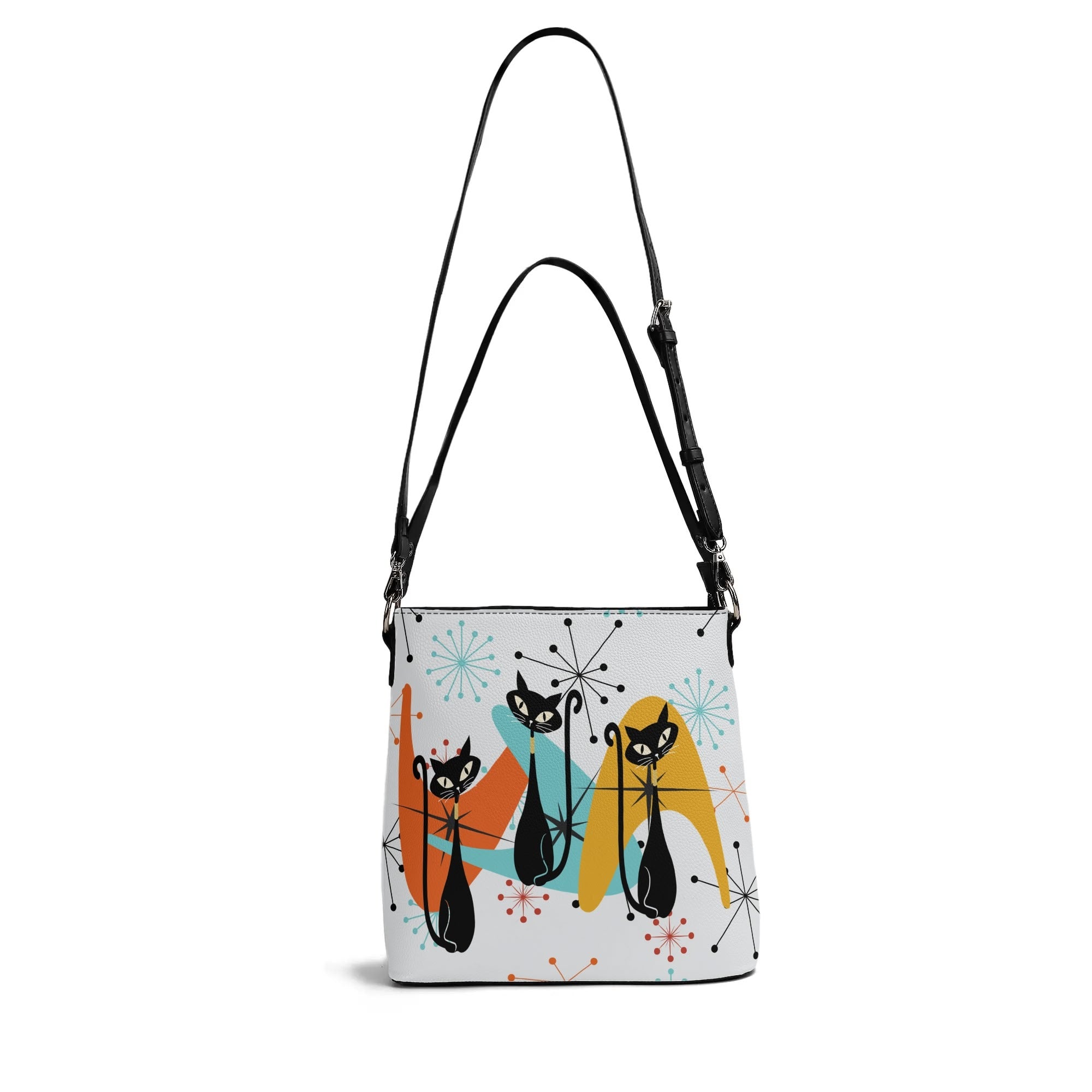 Atomic Cat Bucket Shoulder Bag, Atomic 50s Mid Century Mod Kitschy Trendy Purse - Mid Century Modern Gal