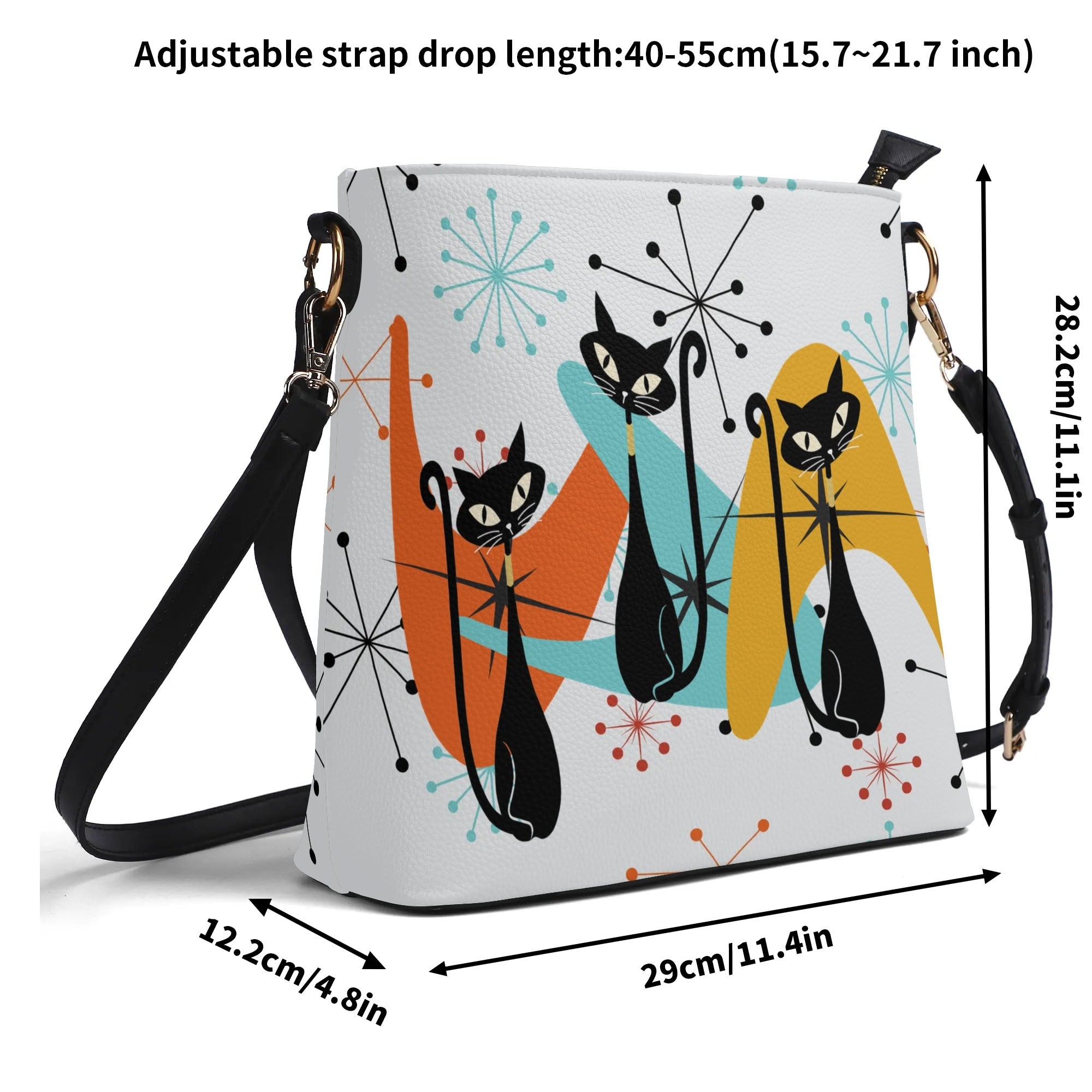 Atomic Cat Bucket Shoulder Bag, Atomic 50s Mid Century Mod Kitschy Trendy Purse - Mid Century Modern Gal