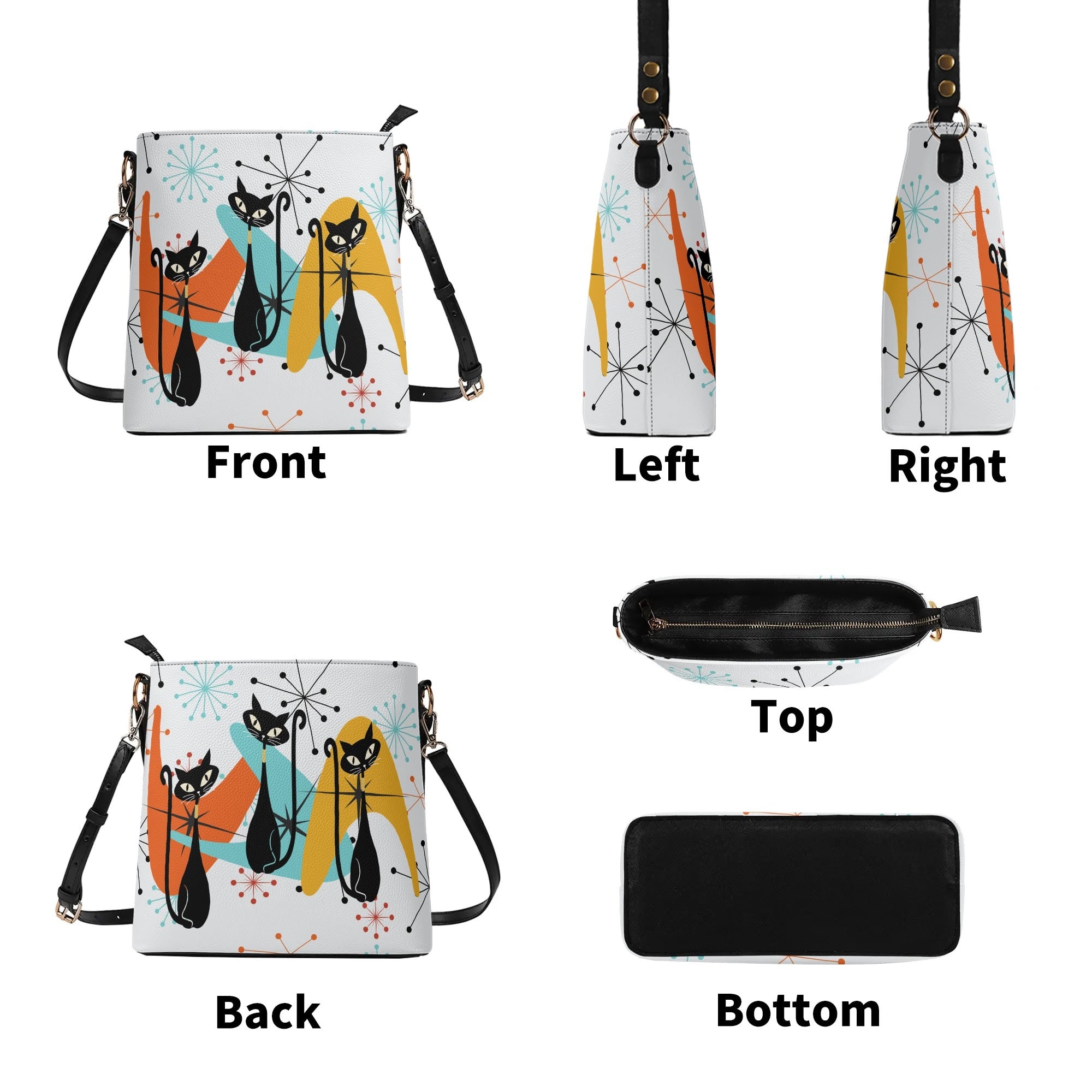 Atomic Cat Bucket Shoulder Bag, Atomic 50s Mid Century Mod Kitschy Trendy Purse - Mid Century Modern Gal