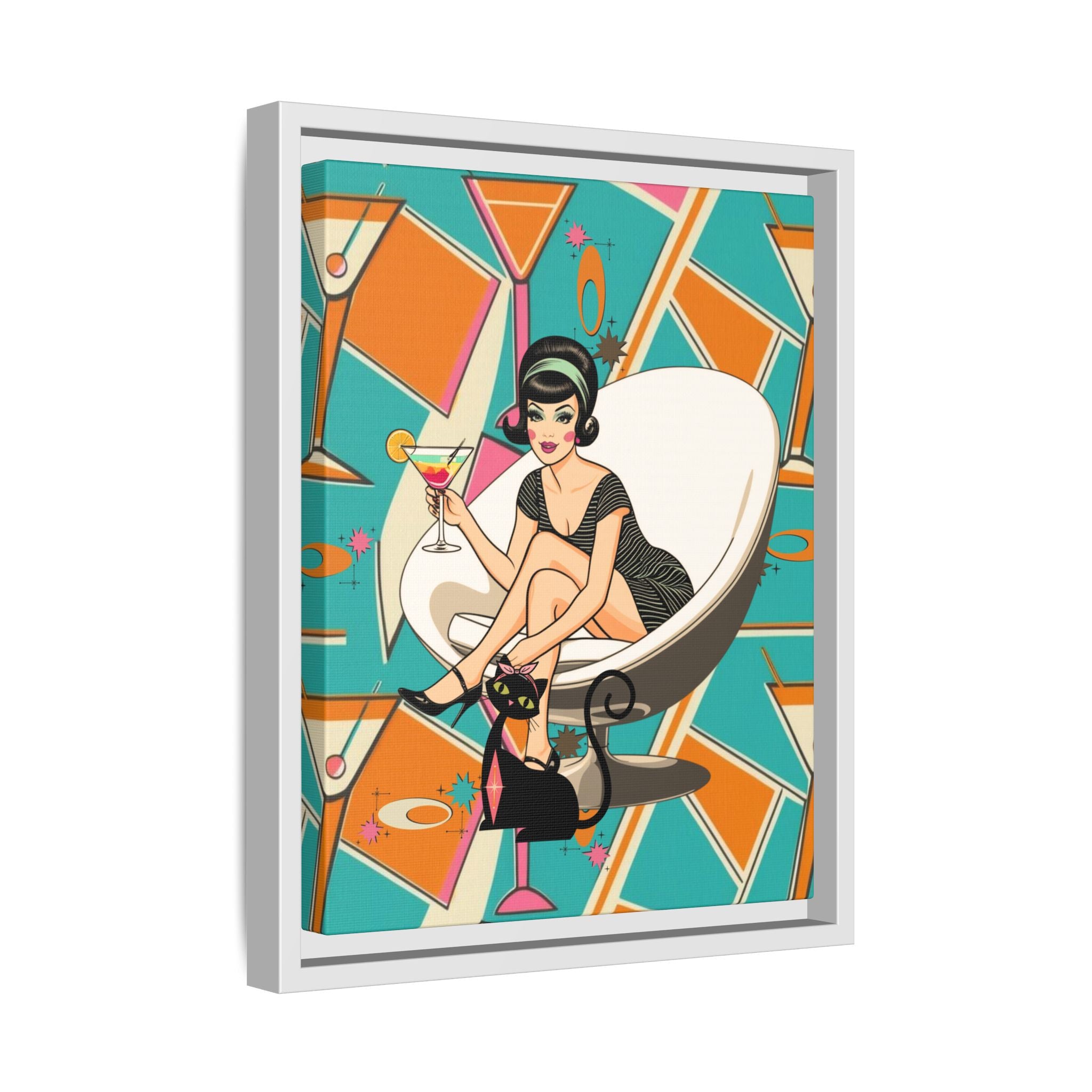 Mid Mod 60s Gal, Atomic Cat Barware Wall Art - Framed Matte Canvas with Vintage Cocktail And Retro Cat Design