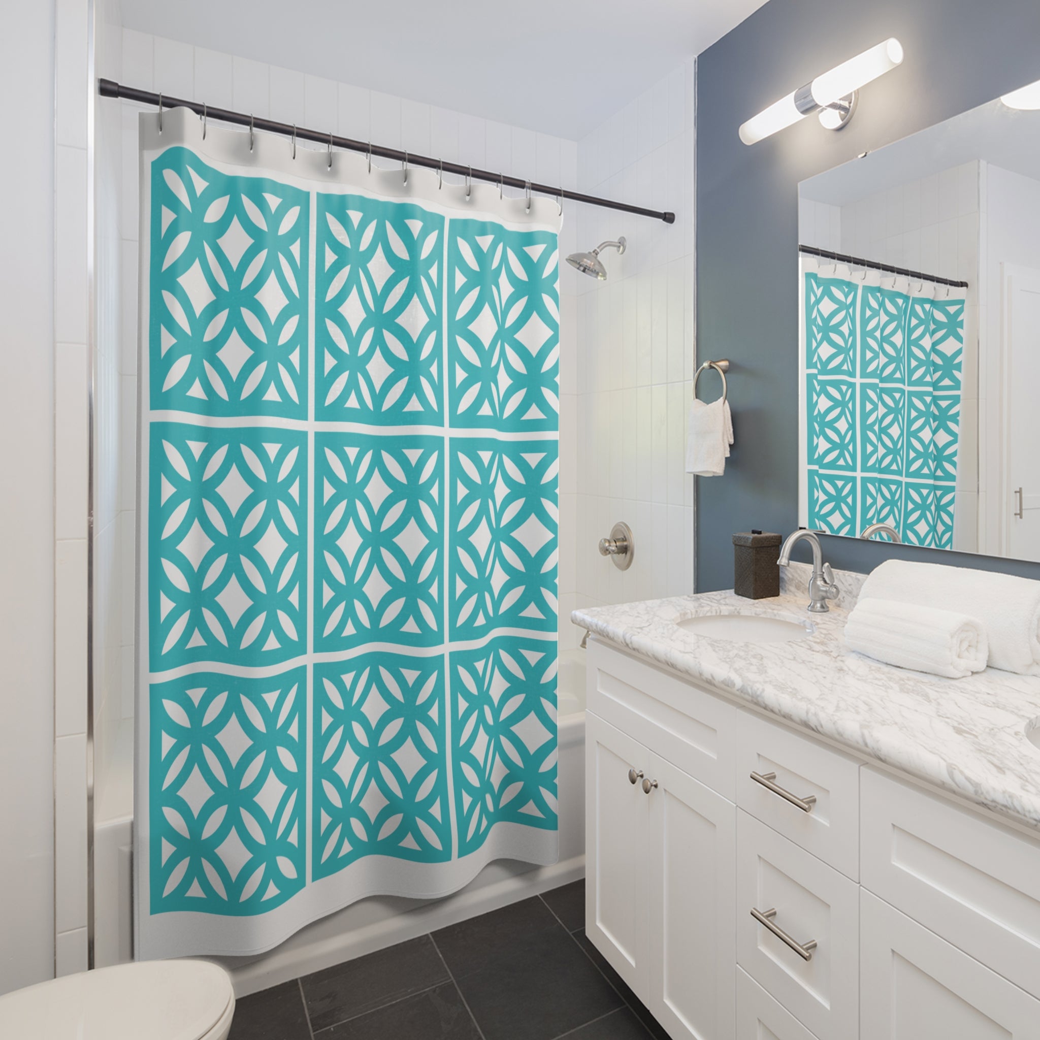 Mid Century Modern 50s Breezeblock Modern Geometric Shower Curtains, Aqua Blue Bath Decor - Mid Century Modern Gal