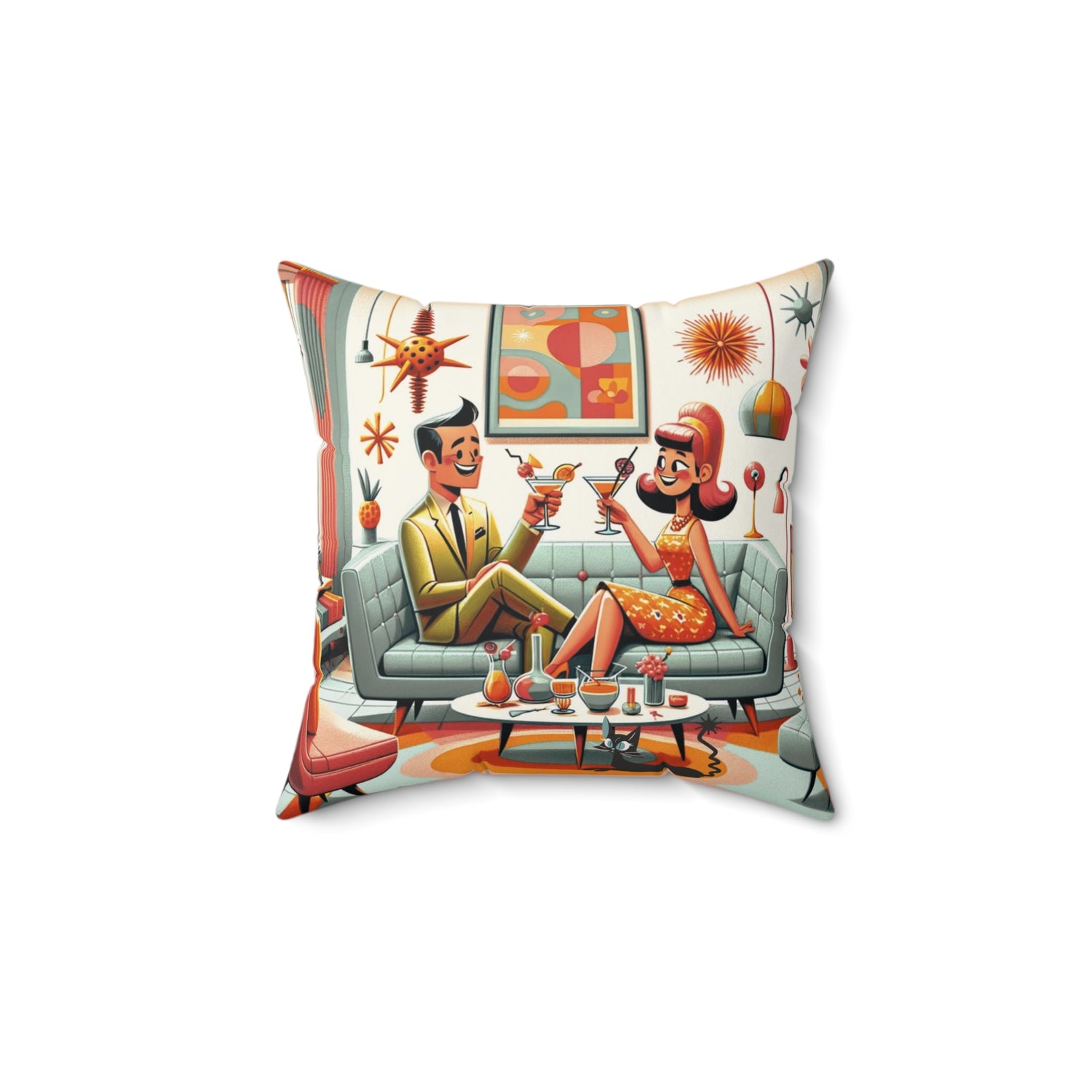 Mid Century Modern Coctail Kitschy 50d Pillow And Insert, With MCM Couple, Atomic Cat Pillow - Mid Century Modern Gal