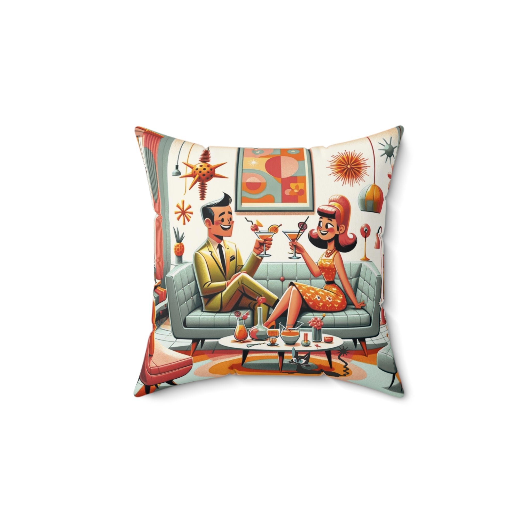 Mid Century Modern Coctail Kitschy 50d Pillow And Insert, With MCM Couple, Atomic Cat Pillow - Mid Century Modern Gal