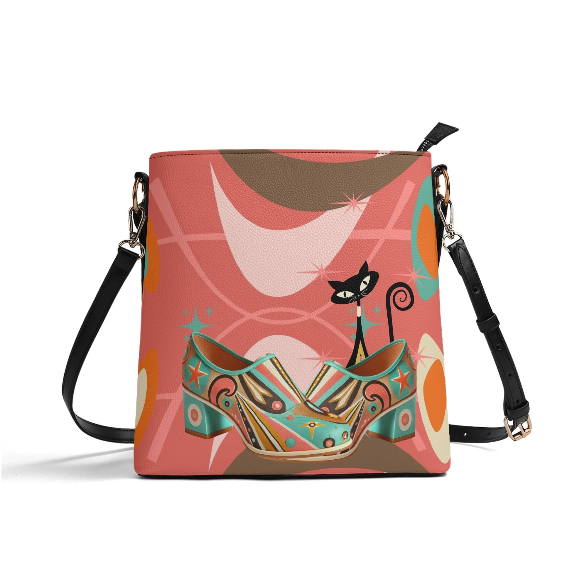 Atomic Cat Bucket Shoulder Bag, Atomic 50s Shoe Lover Design By MCM Gal, Mid Century Mod Kitschy Trendy Purse - Mid Century Modern Gal